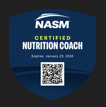 NASM Certified Nutrition Coach certificate with expiration date January 25, 2028, featuring a QR code.