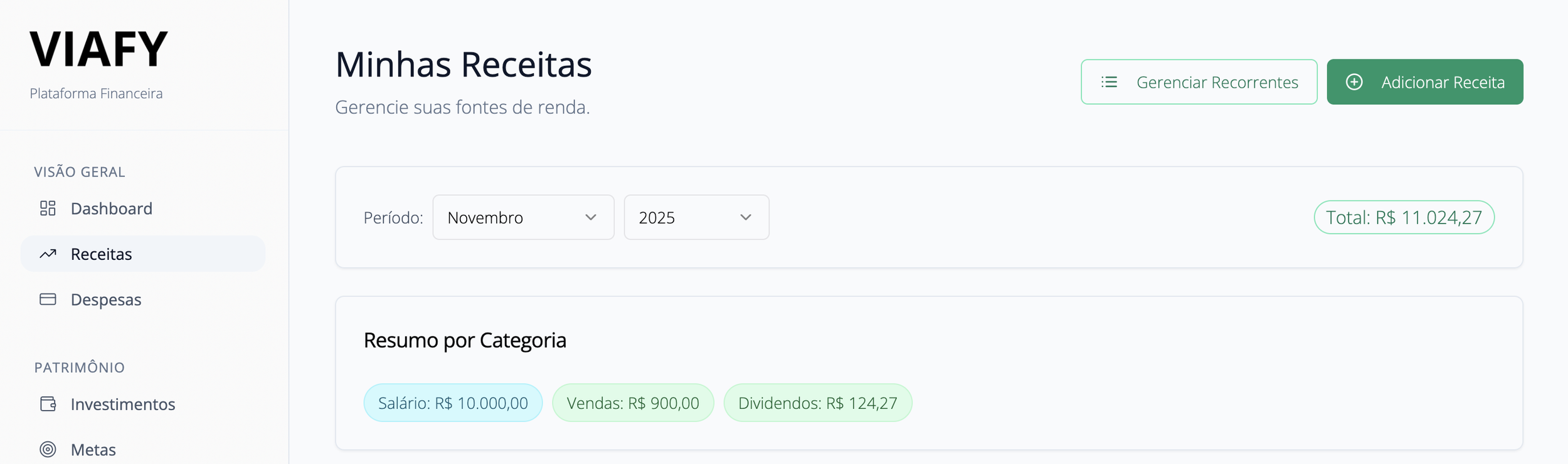 Tela de plataforma financeira com opções de receitas e despesas, mostrando o período de novembro de 2025, total de R$ 11.024,27, com categorias de receita destacadas em cores, como salário, vendas e dividendos.