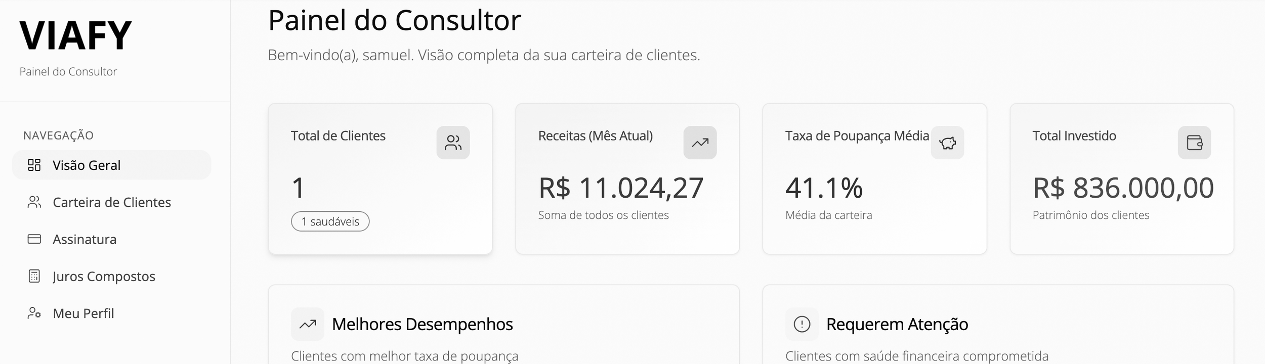Tela de um painel do consultor com informações sobre clientes, receitas, taxa de poupança média e total investido, exibindo detalhes numéricos de uma carteira de clientes.