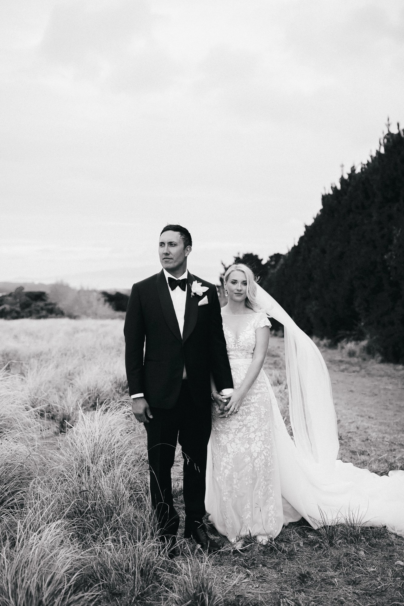 Bride and groom on a hill at Mudbrick Vineyard for their wedding