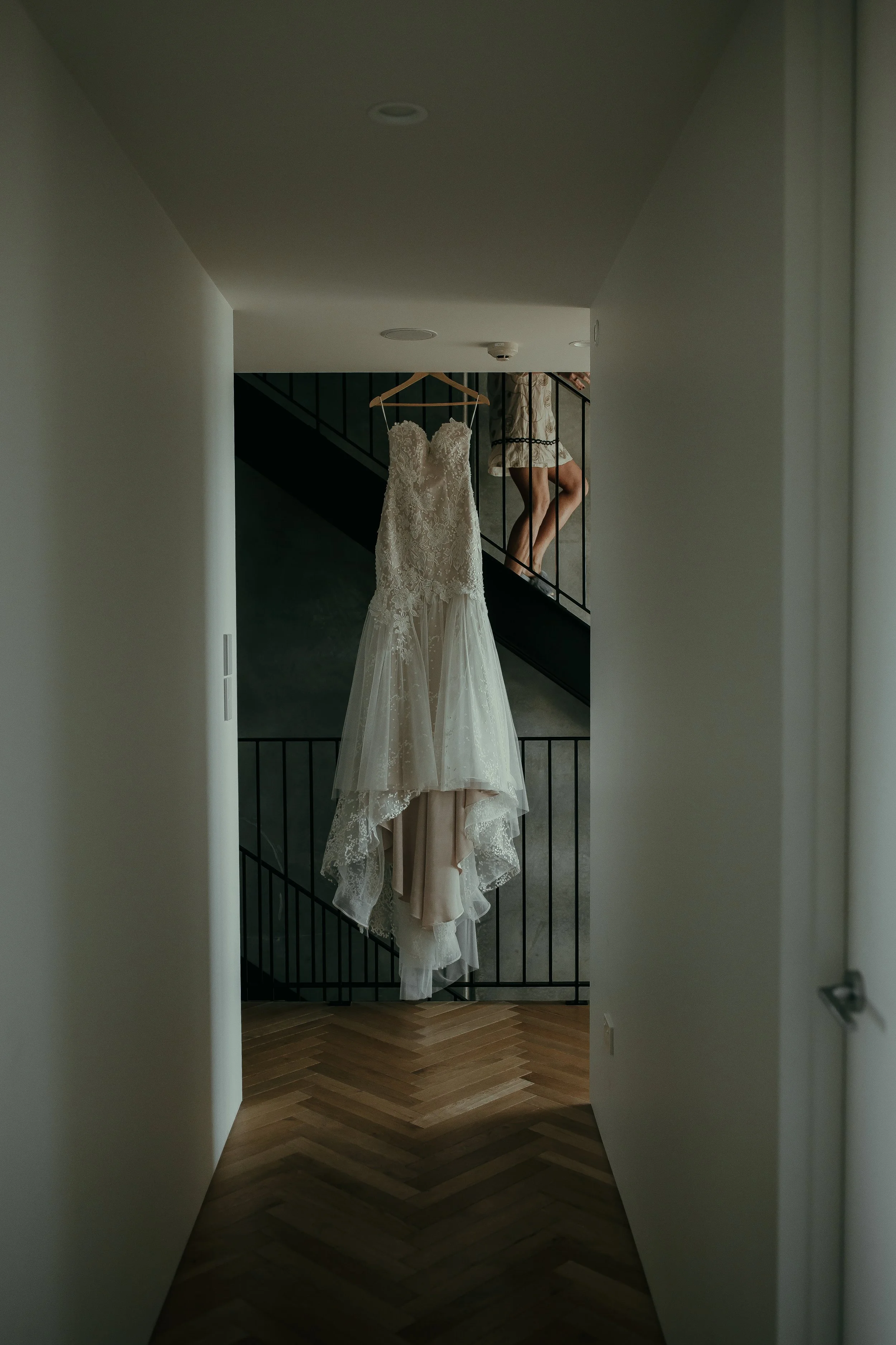 wedding dress hanging up