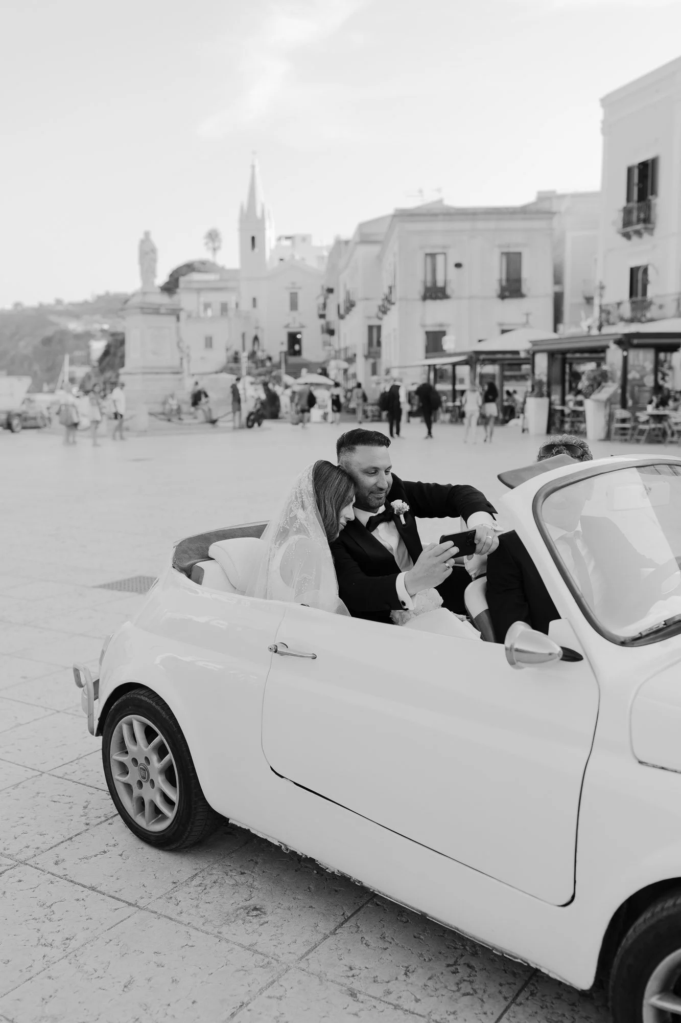 Fiat with bride and groom in Lipari Italy