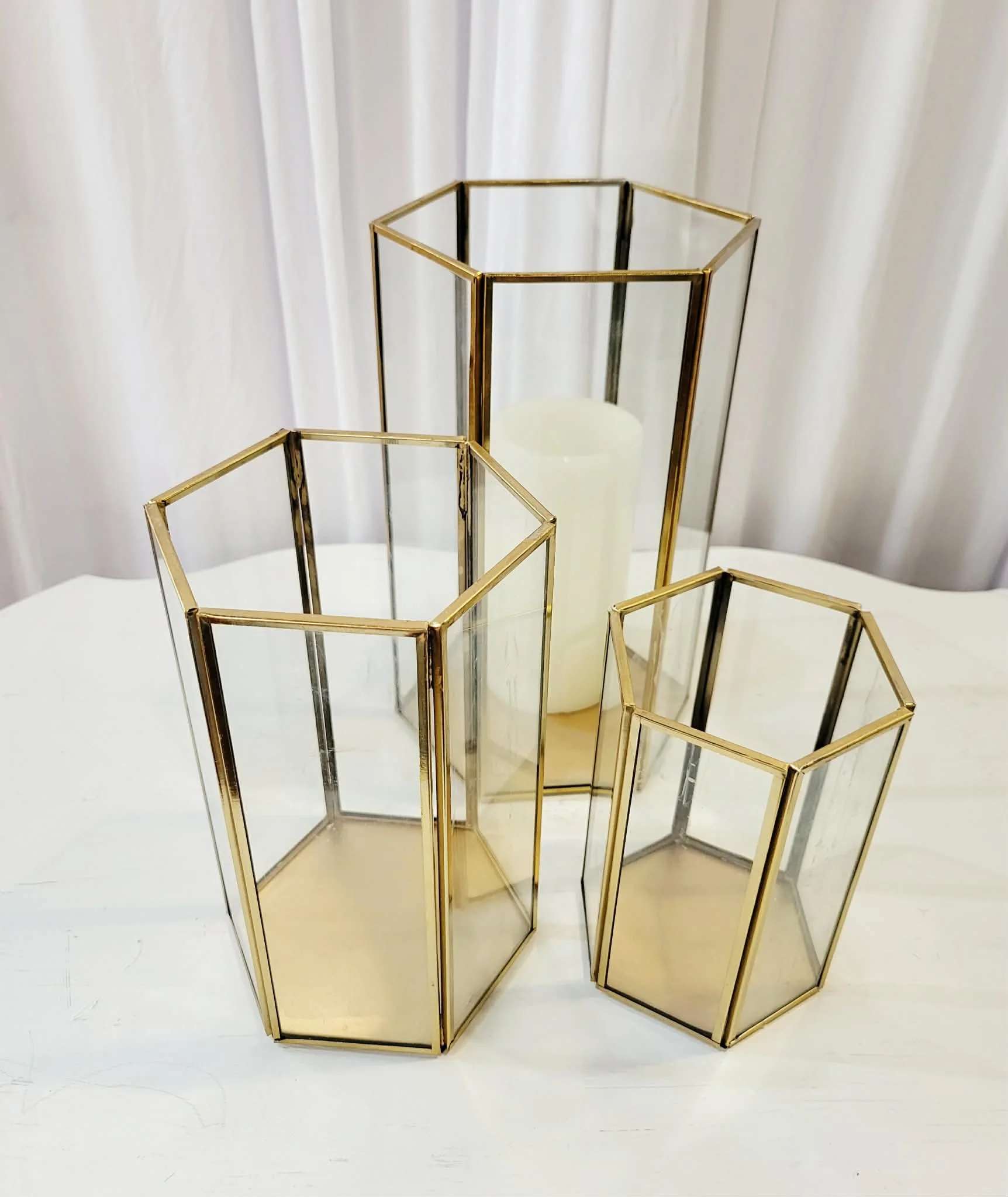 Gold Glass Hurricane Candle Holders - Hexagon Set of 3