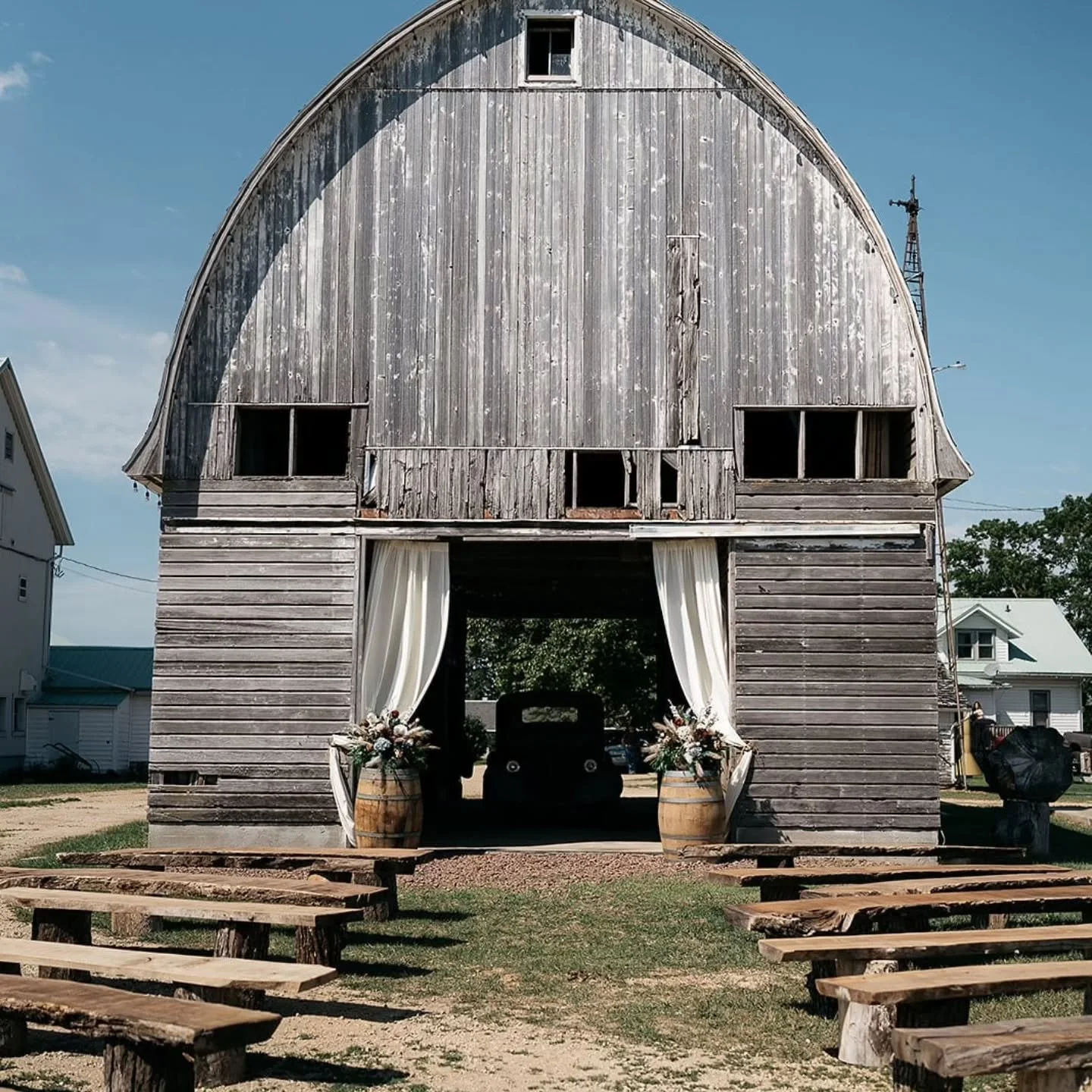 When an old farm corn crib is dressed and ready to be the perfect ceremony backdrop.
Our live benches fit perfectly for family and friends to have the perfect view.

#dreamdayeventrentals #weddingeventrentals #weddingrentals #midwestweddings #farmwed