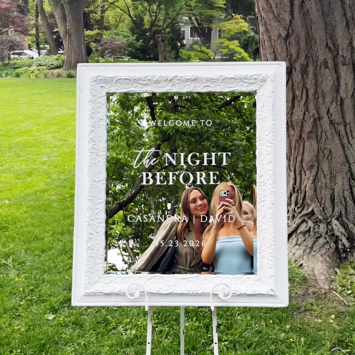 Reflection fun for a Rehearsal Dinner in the venue gardens, on our beautiful  white ornate mirror custom Welcome Sign.

#weddingeventrentals #weddingselfie #dreamdayeventrentals #midwestweddings #eventrentals