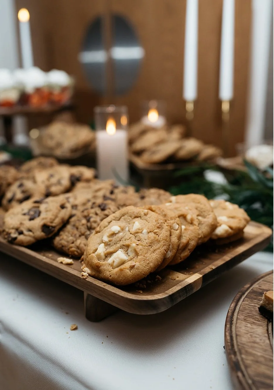 Close-up of a wooden tray filled with assorted cookies, including white chocolate chip cookies, on a white table with candles and a blurred background. Dream Day Event Rentals, Vintage and Modern Decor and Floral Rentals, Freeport Illnois.