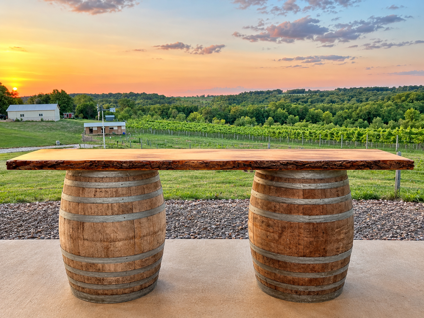 Rustic Barrel Table at Vineyard Sunset.png