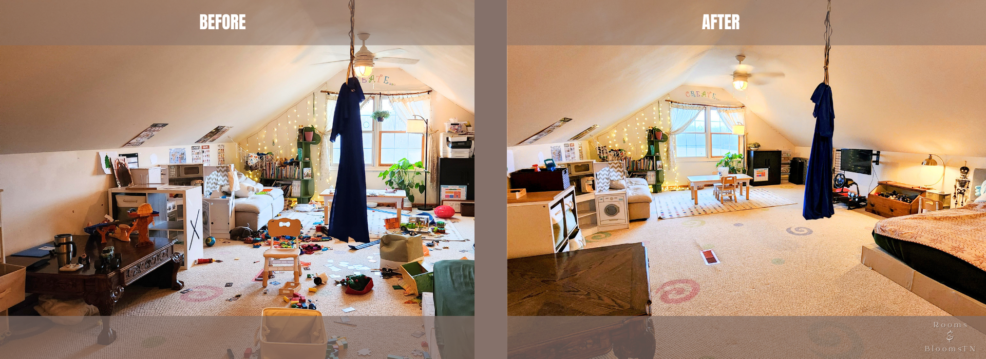 Before & After Cluttered and Messy Kids Playroom