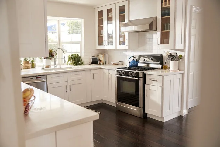 Wide view of tidy white kitchen