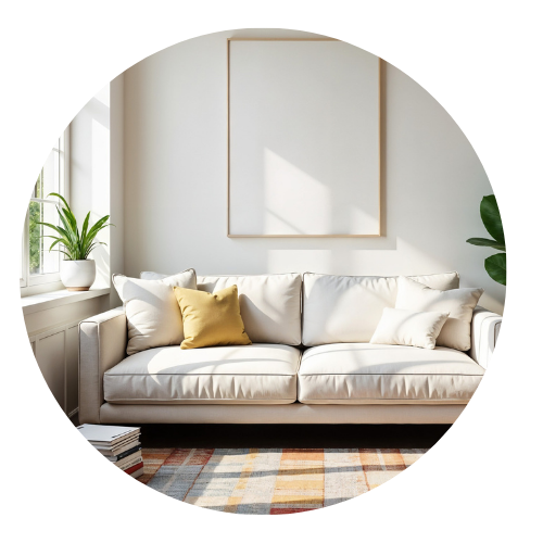 Beautiful, decluttered living room sofa with simple organization