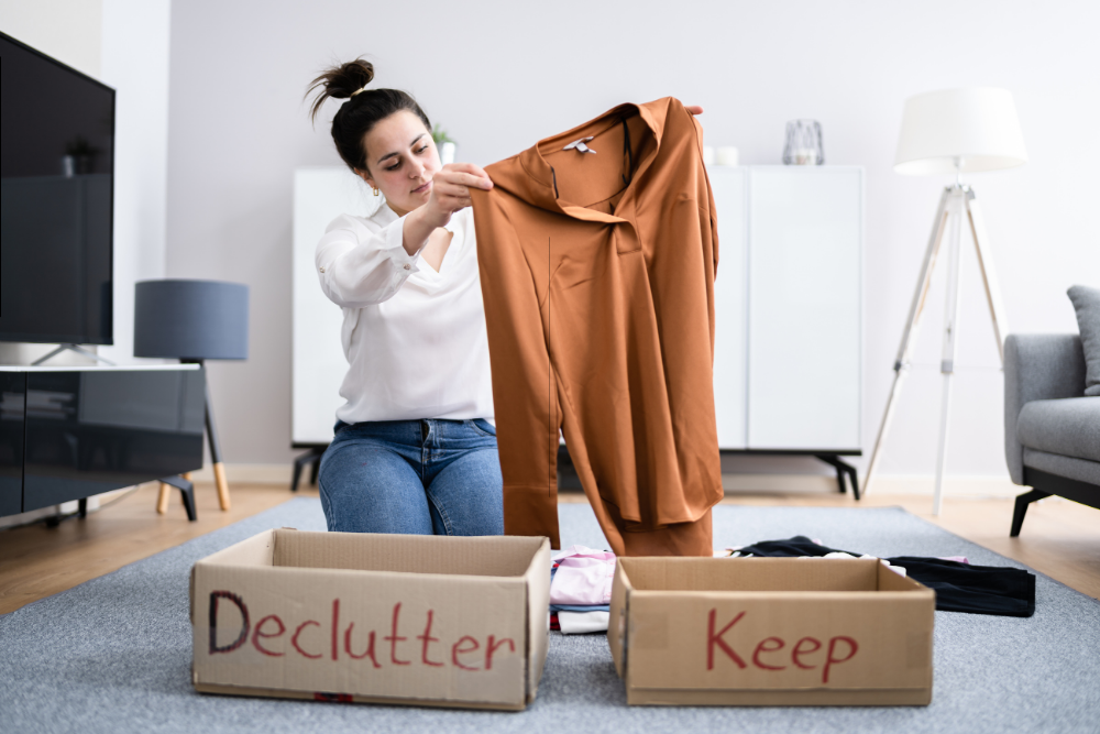 Woman sorting clothes into boxes