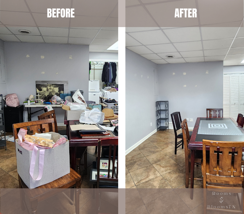 Before and after - Cluttered and disorganized basement multipurpose room