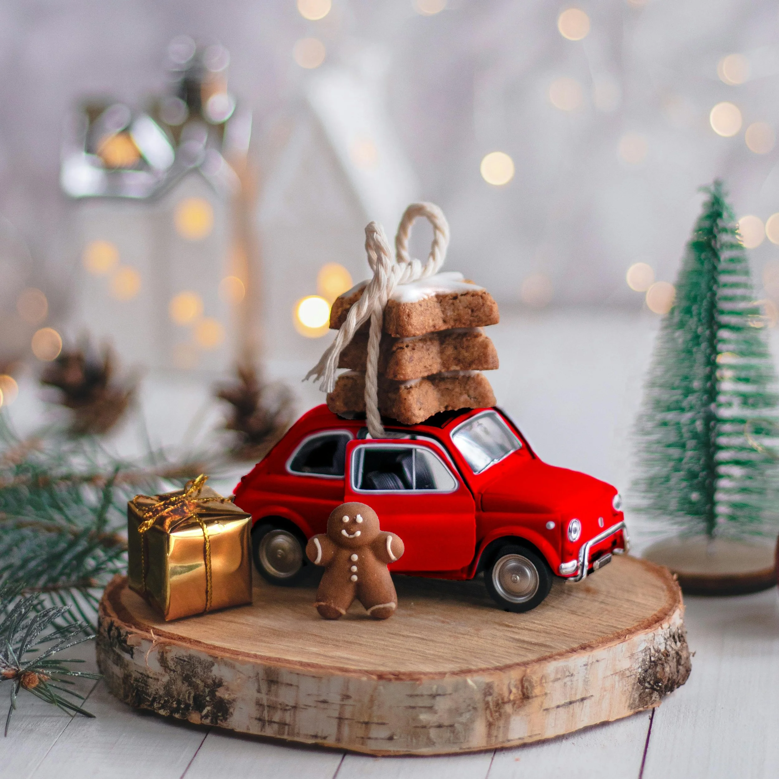 Lovely, tidy holiday decor gingerbread man with toy car