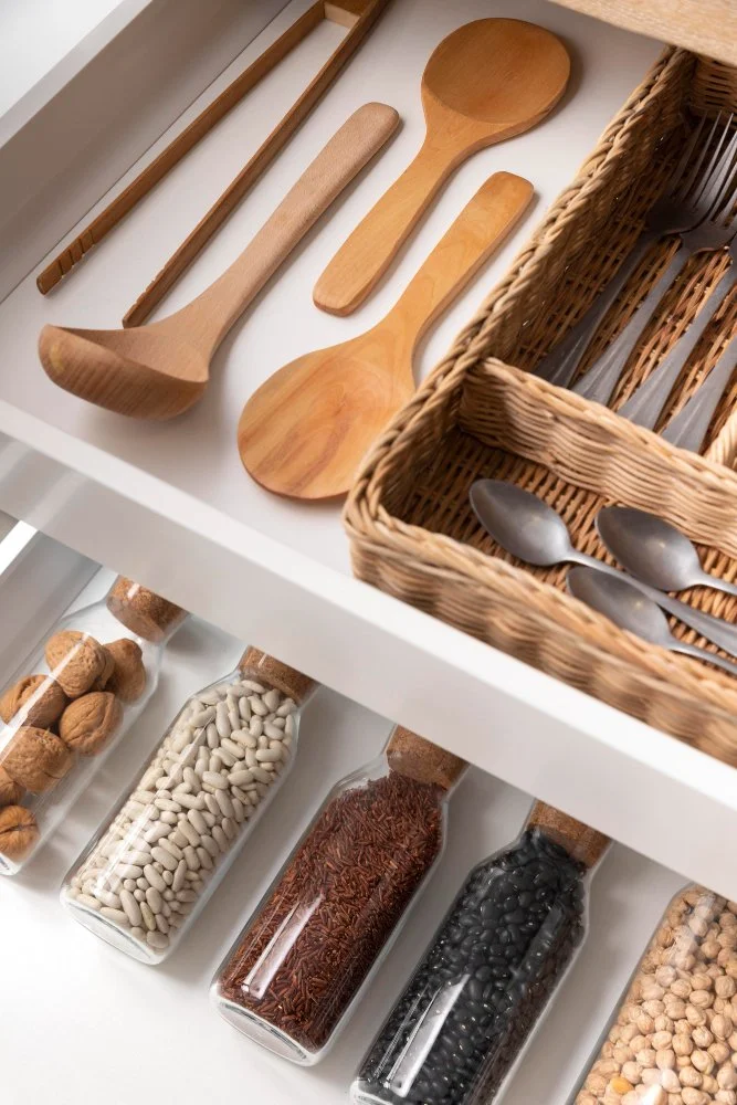 Kitchen drawer with wooden spoons, tongs, and metal teaspoons, alongside jars of nuts, white beans, red rice, black beans, and chickpeas.