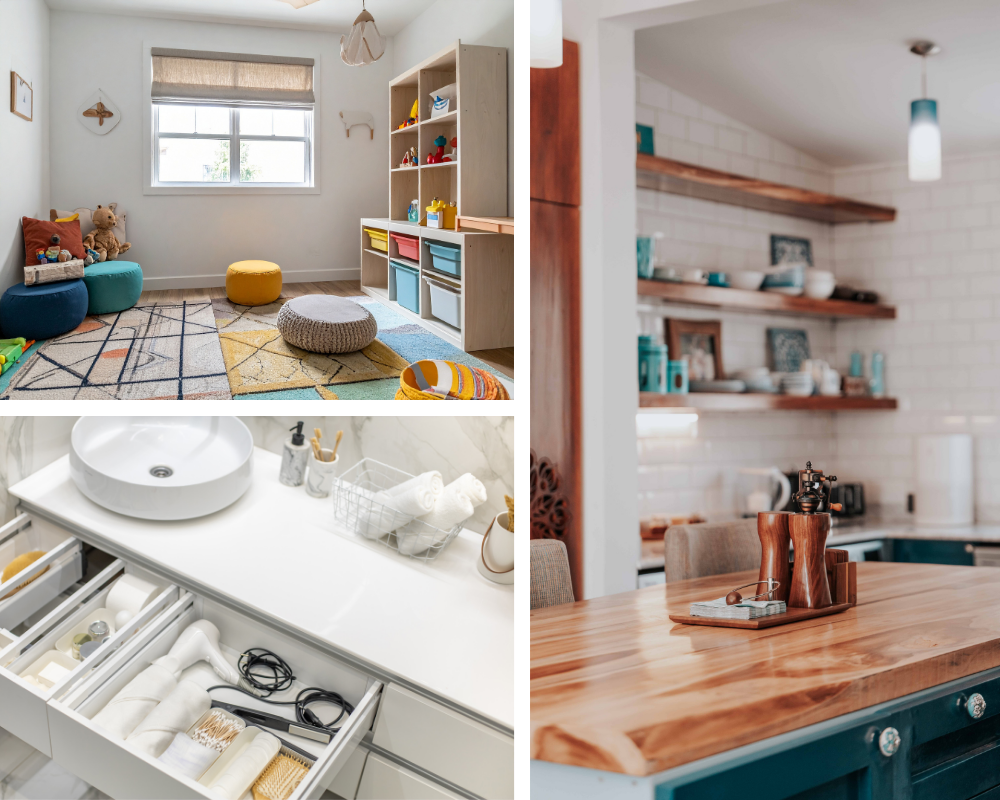 Collage of rooms in a house