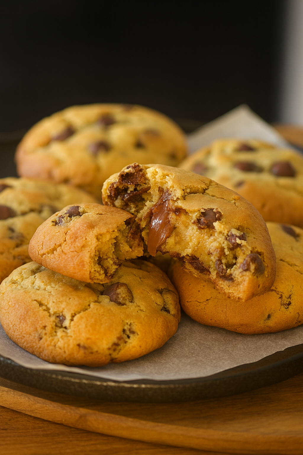 gooey chocolate chip cookies stacked on a plate