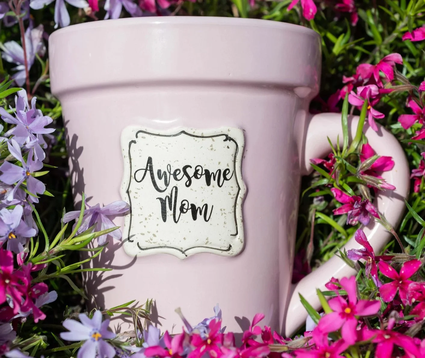 Divinity Flower Pot Mug Pink Awesome Mom with Spoon and Lid 14 fl oz