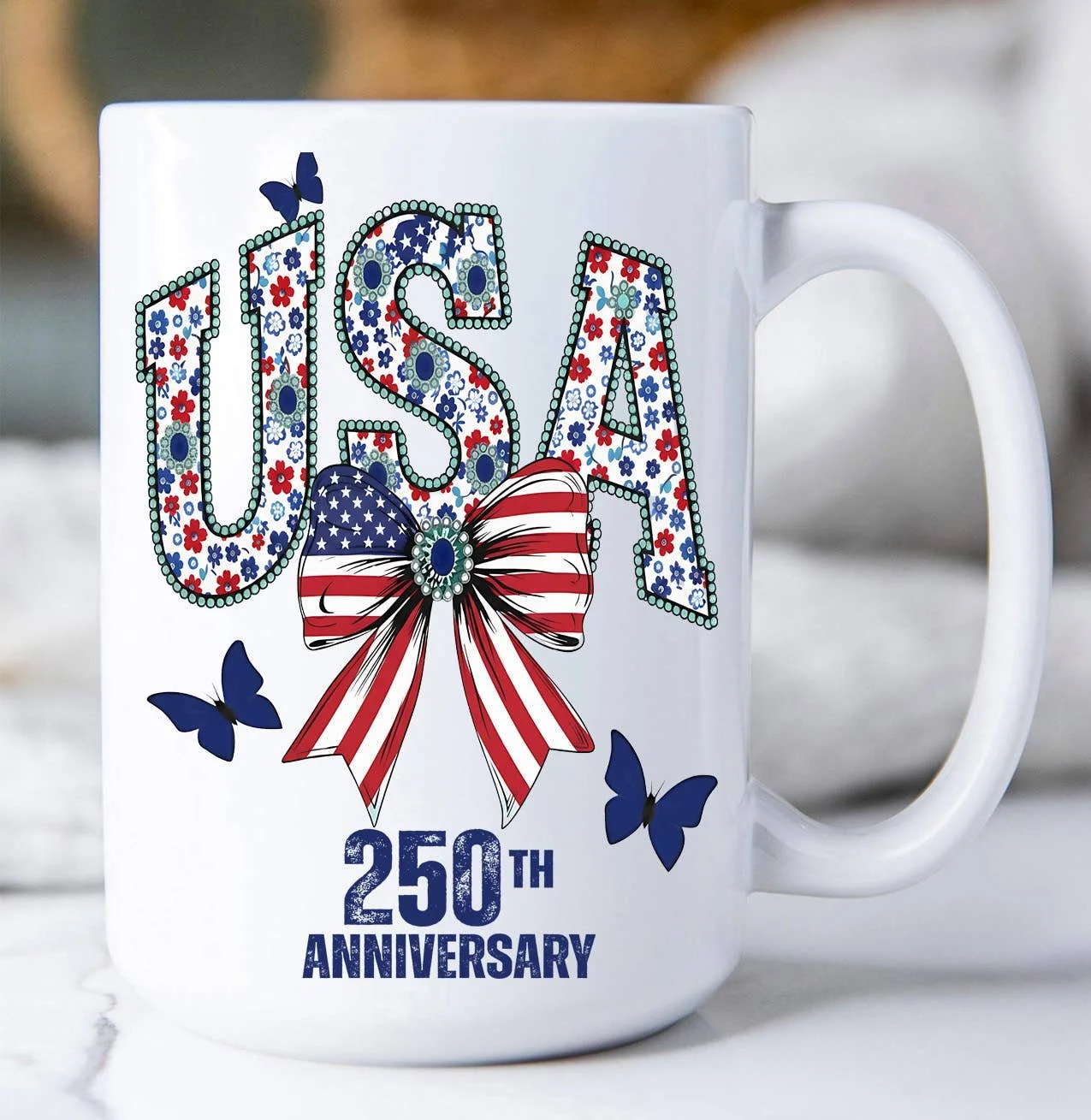Patriotic USA Bow 250 Anniversary America Coffee Mug 15 oz