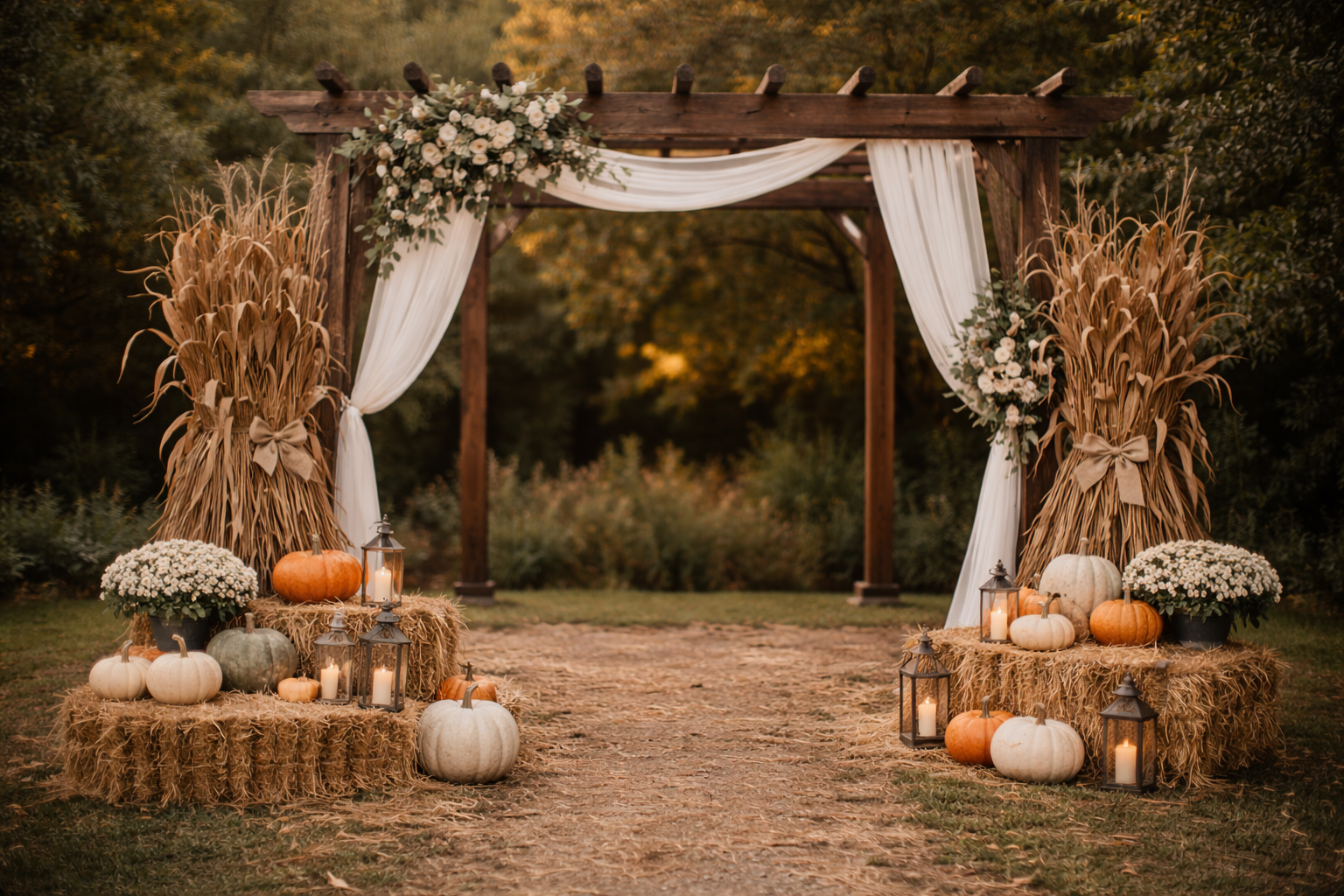 archway with pumpkins, hay bales, and corn stalks.png