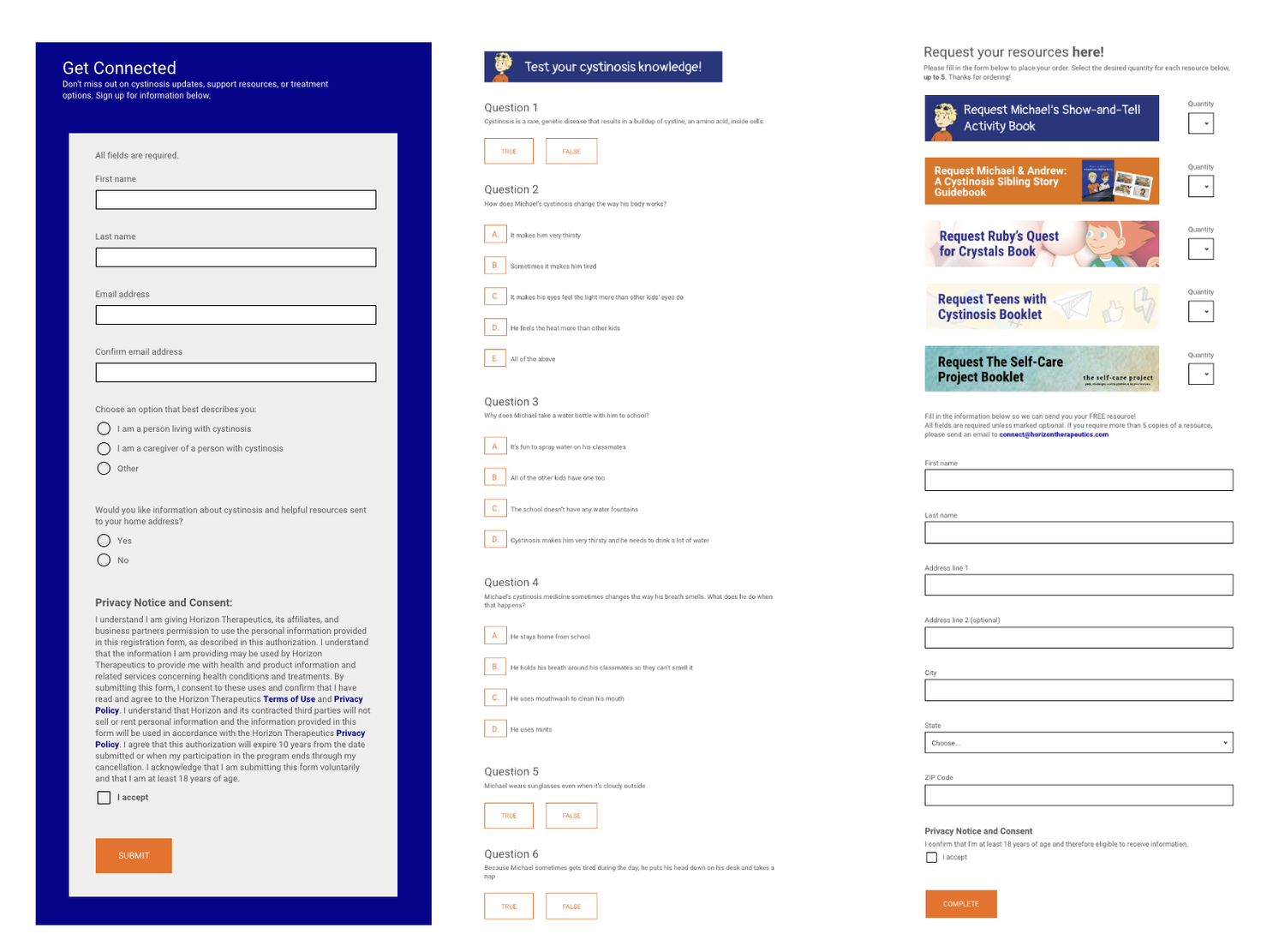 A split image showing a form on the left for connecting about cysts and a quiz on the right about cystosis knowledge with multiple choice questions, along with resource request options and a consent form.