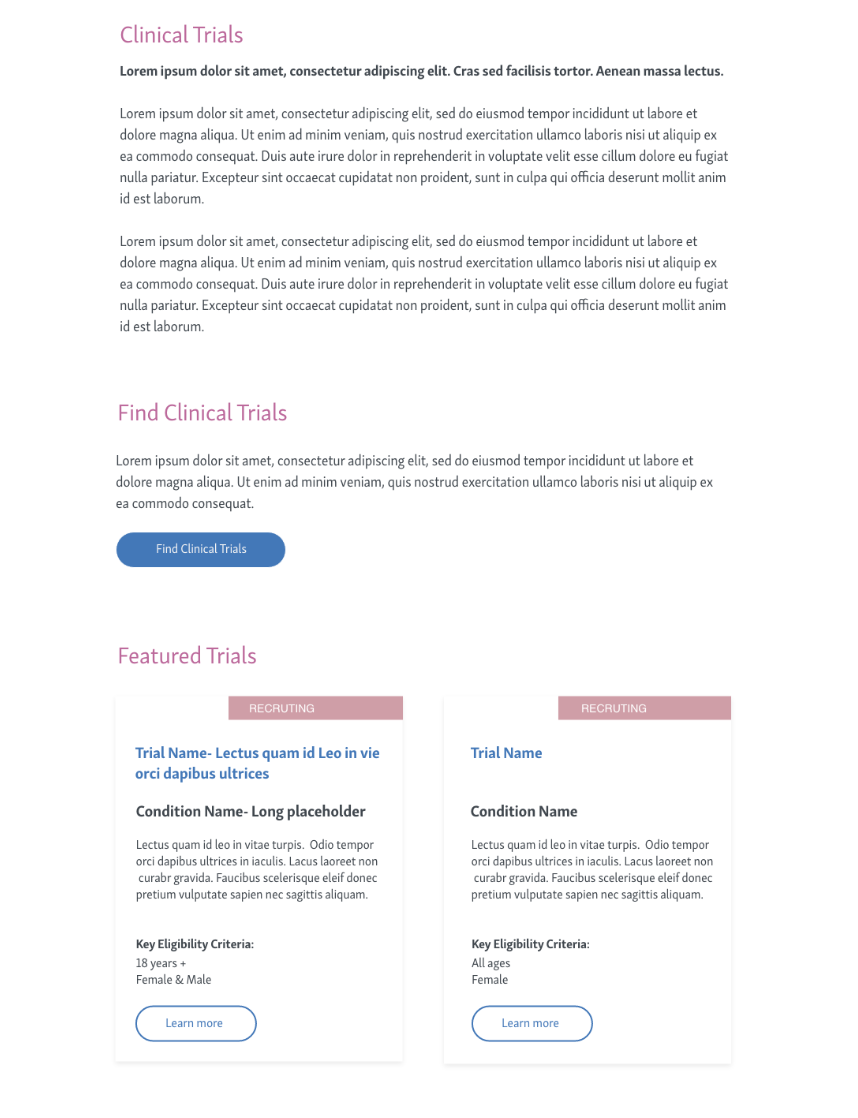 A webpage about clinical trials with sections titled 'Clinical Trials', 'Find Clinical Trials', and 'Featured Trials.' It contains placeholder text, a blue button labeled 'Find Clinical Trials,' and two featured trial listings with headings, descriptions, eligibility criteria, and 'Learn more' buttons.
