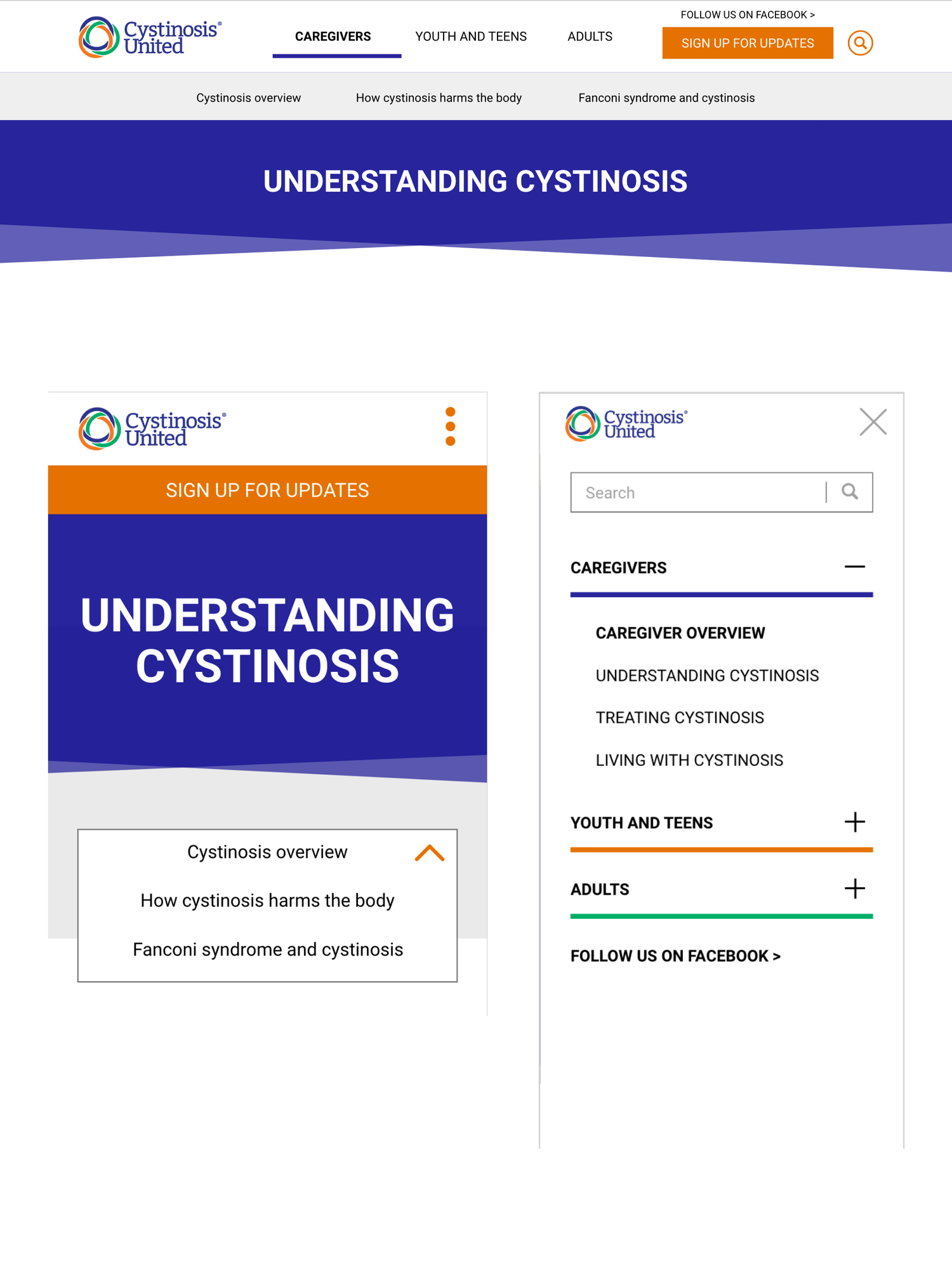 Screenshots of a webpage titled 'Understanding Cystinosis' by Cystinosis United, featuring navigation links, sections about cystinosis overview and treatment, and options for youth, teens, and adults.
