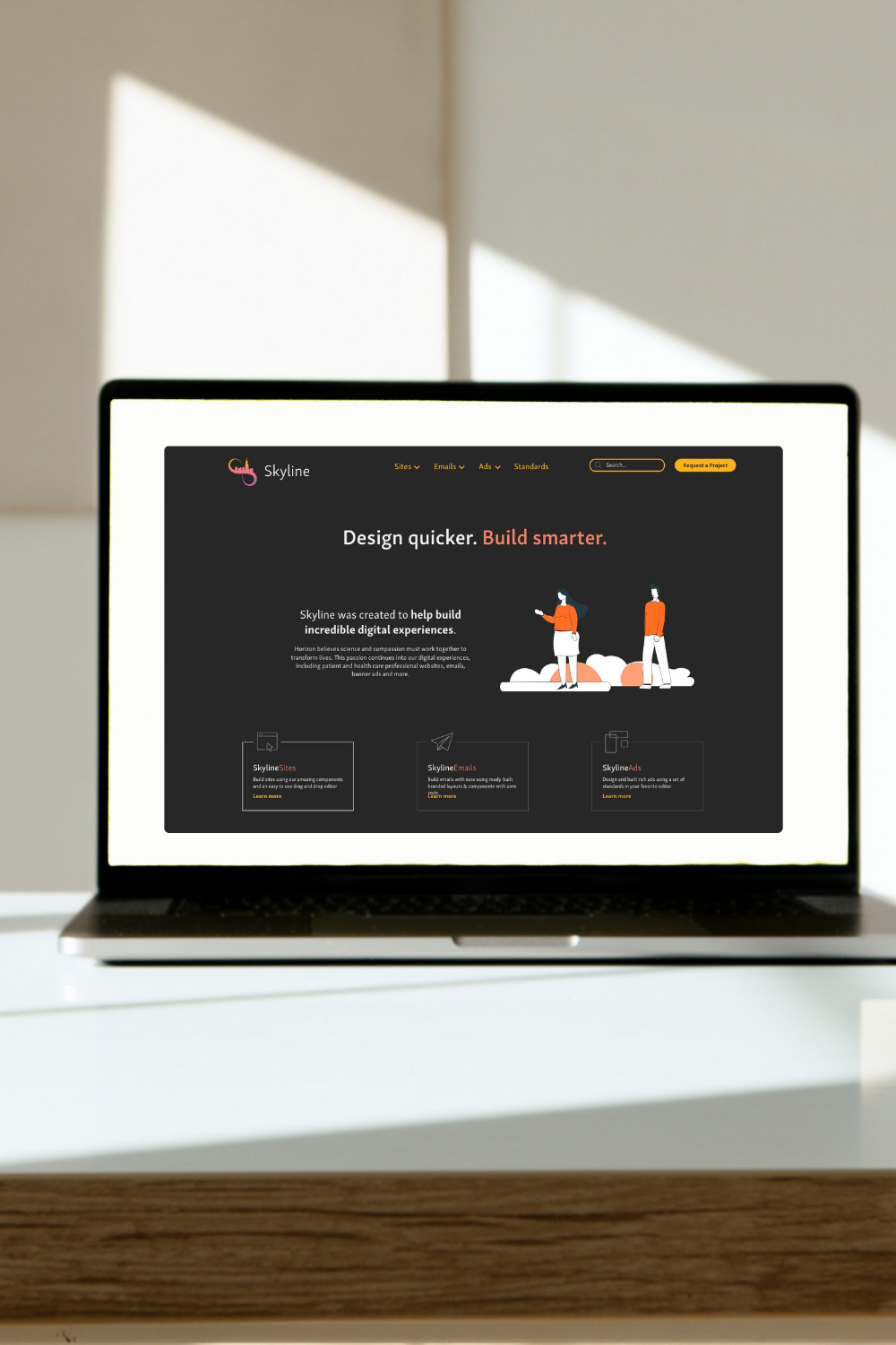 Laptop displaying a website called Skyline on a white desk with sunlight and shadows in the background.