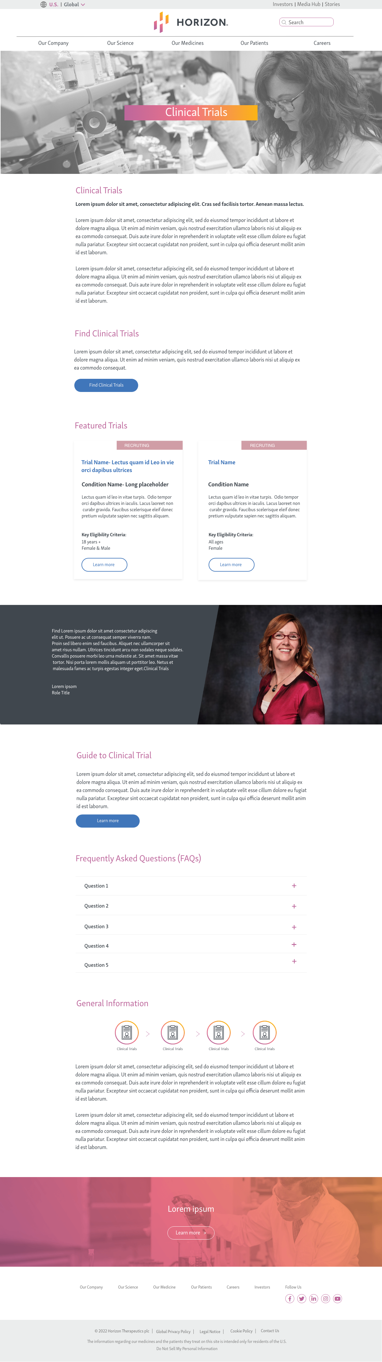 Horizon website page about clinical trials, featuring a lab scene with scientists working in the background and a woman with glasses in the foreground, yellow and pink highlights, and sections for finding and learning about clinical trials.