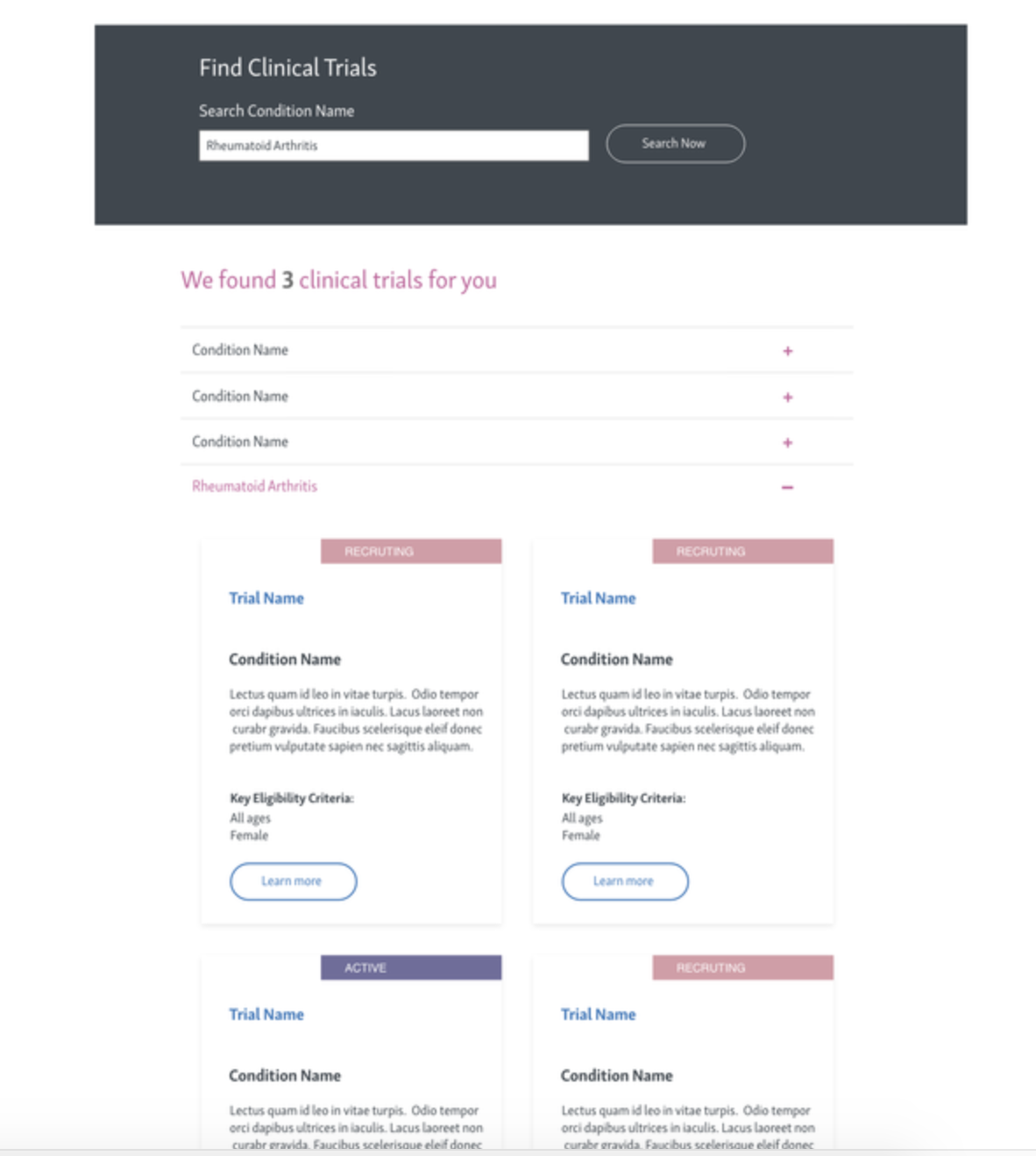 Screenshot of a webpage titled 'Find Clinical Trials' with a search bar for 'Rheumatoid Arthritis,' showing three listed clinical trials with details on conditions, eligibility, and recruitment status.