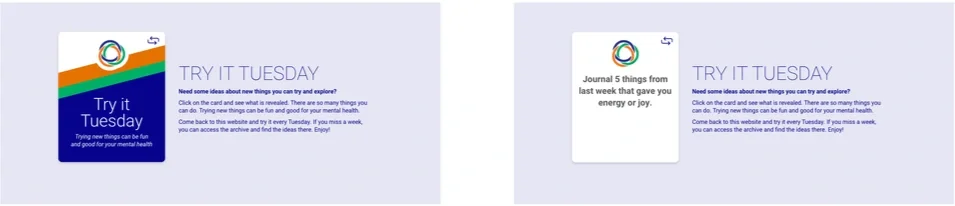 Image shows a promotional card titled "Try it Tuesday" with colorful design, promotional text about exploring new ideas and mental health, and a white card with handwritten notes about journaled five things from last week.