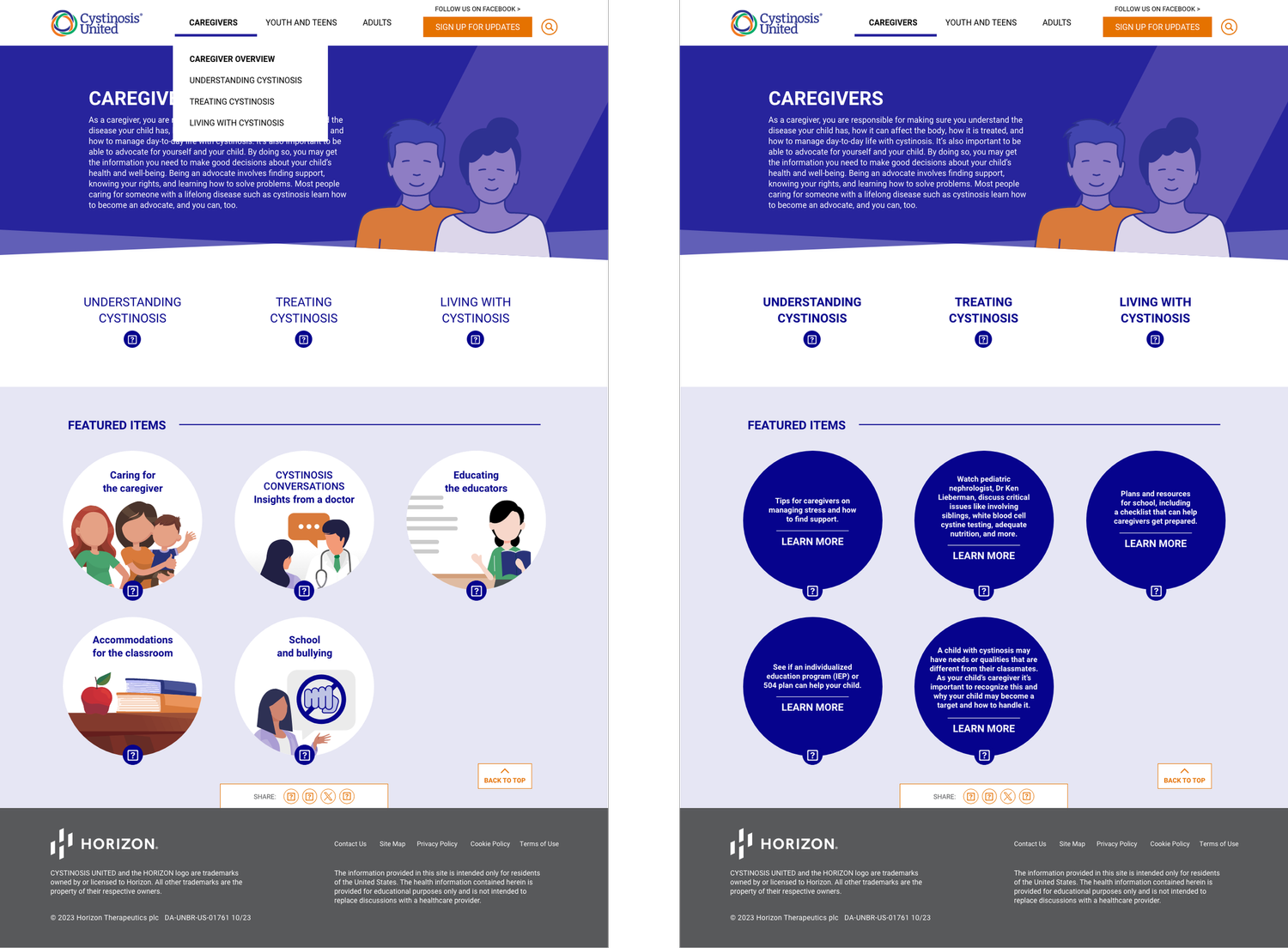 Screenshot of a website page titled 'Caregivers' from Cystinosis United, with sections on understanding, treating, and living with cystinosis, and featured items about caring for caregivers, insights from doctors, educating educators, accommodations, school bullying, and resources for school planning.