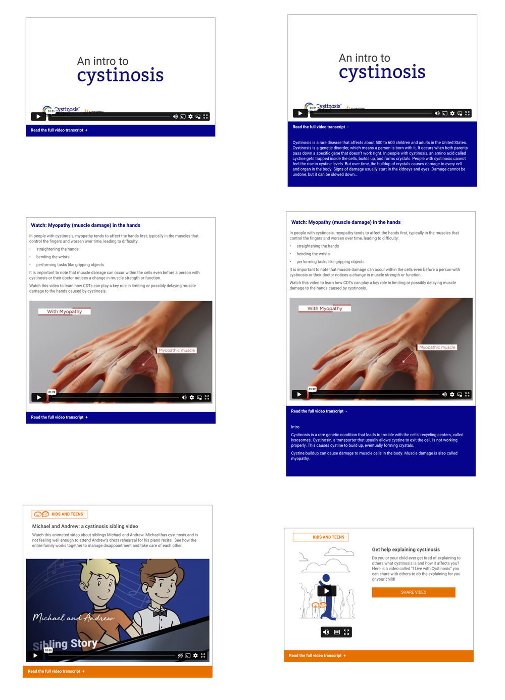 Screenshots from an educational video about cystinosis, showing slides with titles, text, and images of hands affected by muscle damage called myopathy, as well as a cartoon illustration for kids explaining cystinosis.