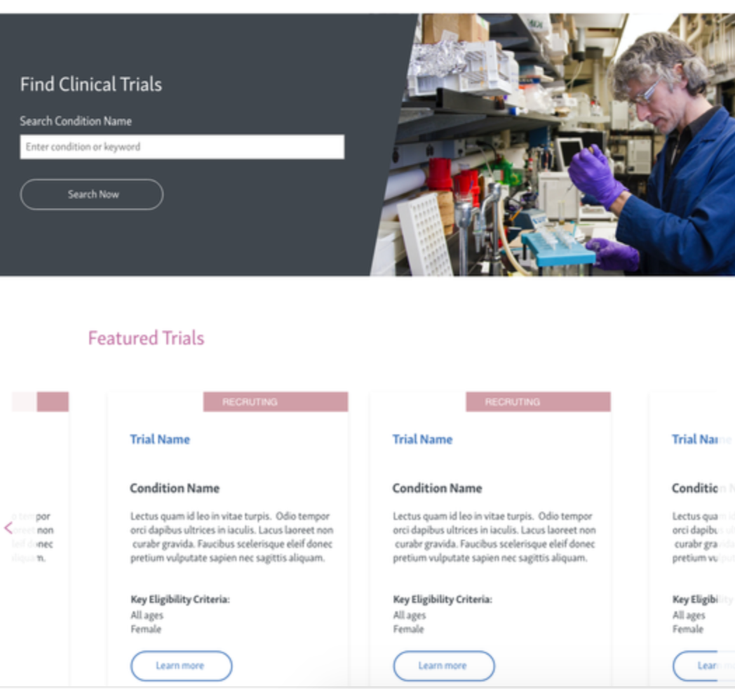 A researcher in a laboratory wearing purple gloves and safety goggles working with laboratory equipment. The image also features a digital interface for finding clinical trials with search options and featured trial listings.