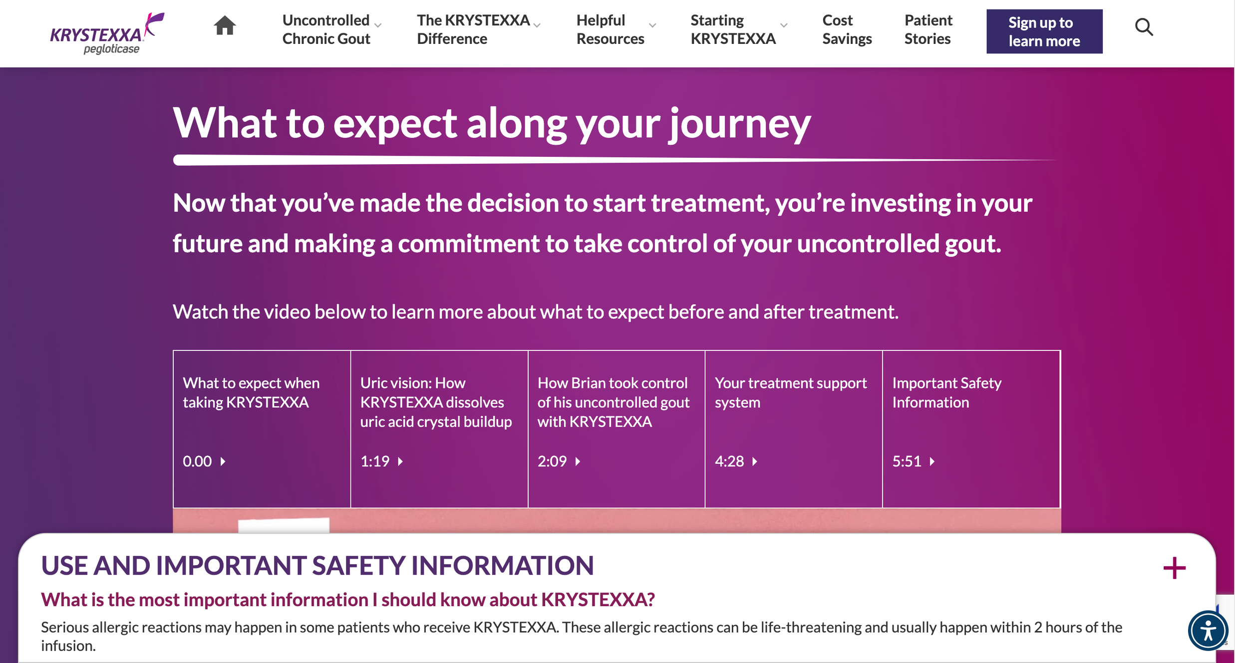 Screenshot of the Krystexxa website with information about what to expect along your journey, videos about uric acid dissociation, uncontrolled gout control, support system, and safety information, with the option to sign up and learn more.