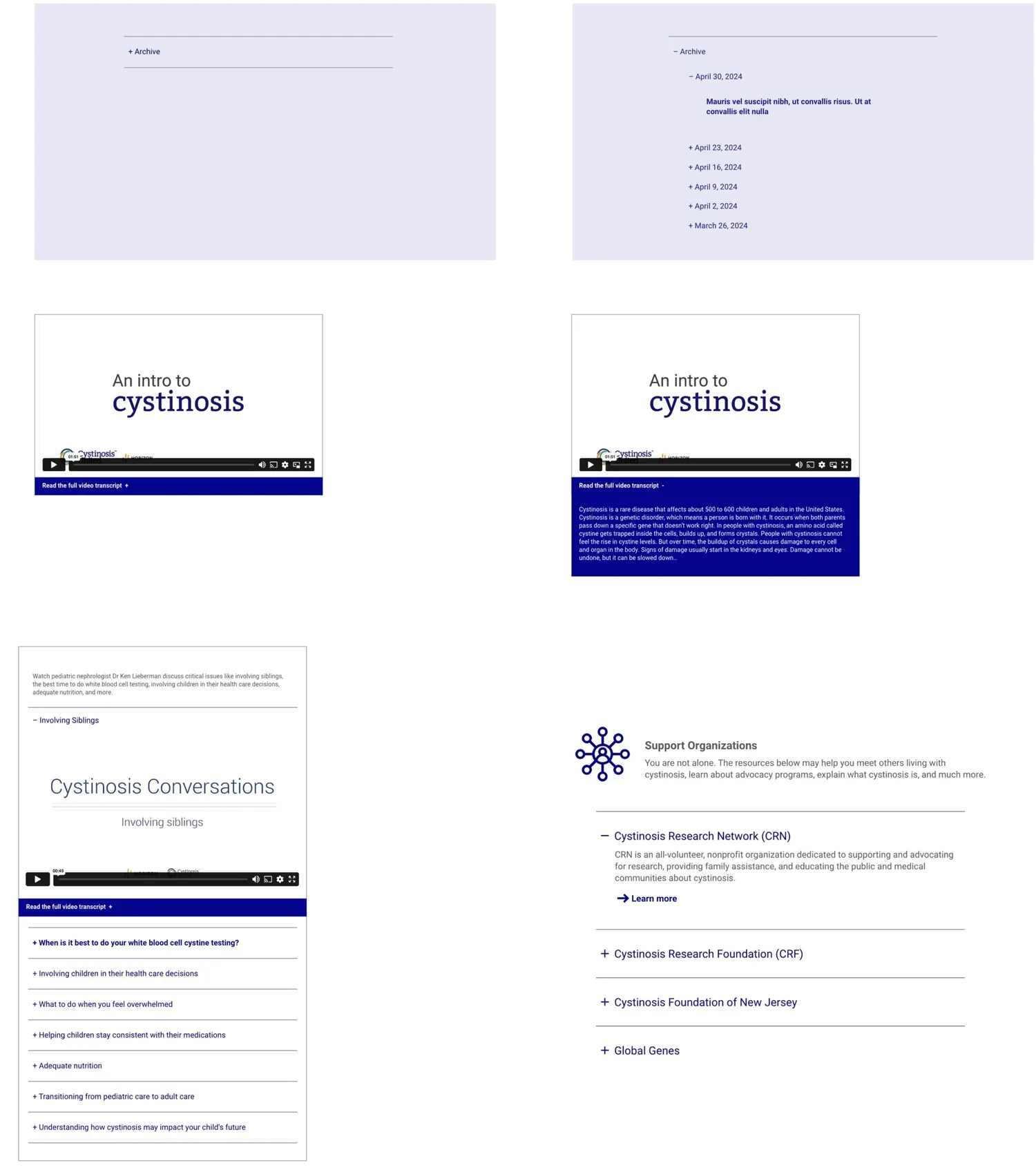 Screenshots of a document or presentation slides discussing cystinosis, including an introduction to the disease, conversations about caring for affected siblings, and resources for support organizations.