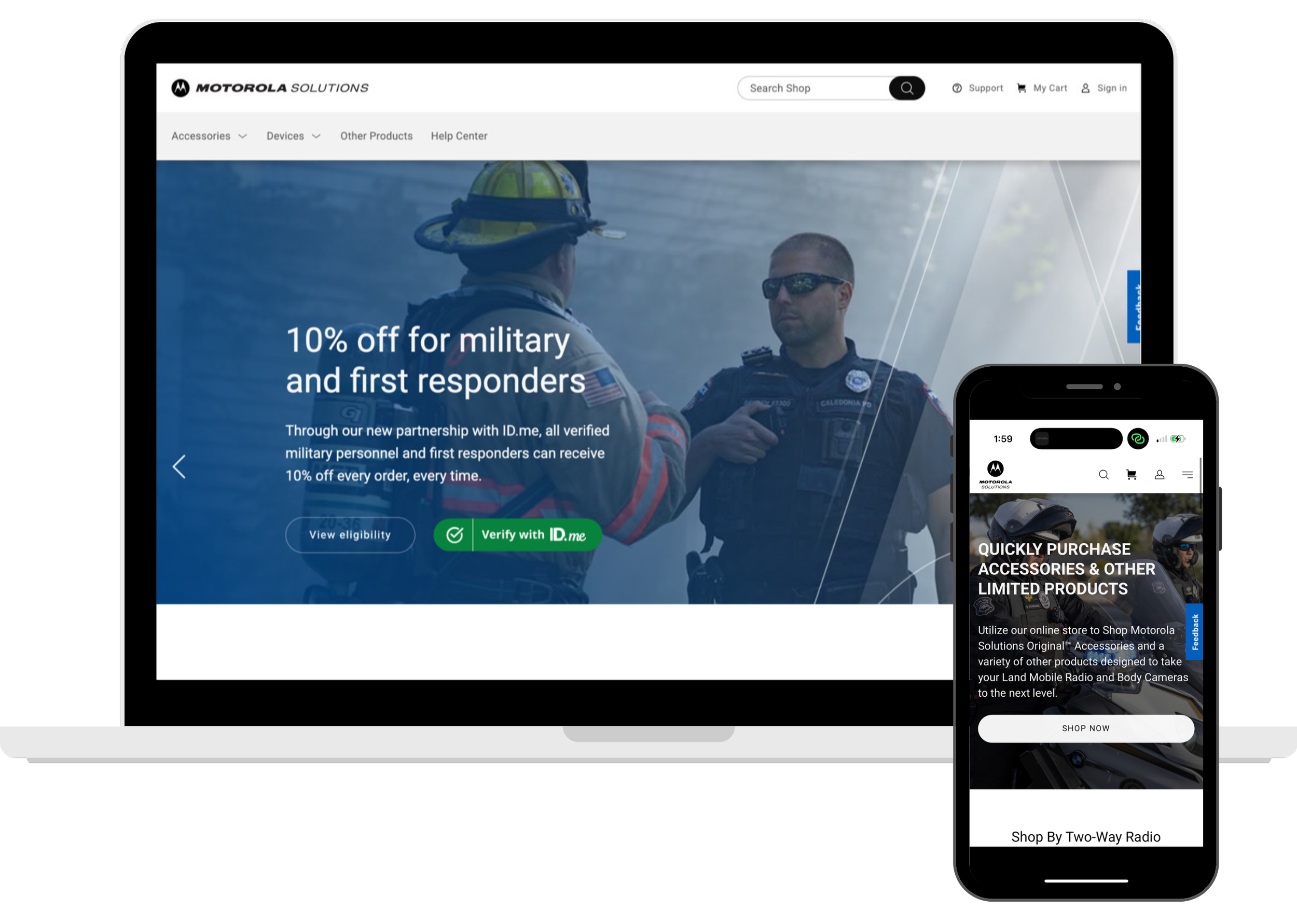 Screenshot of Motorola Solutions website displayed on a laptop and smartphone. The laptop screen shows a banner offering 10% off for military and first responders, featuring a firefighter and a police officer. The smartphone screen shows a page promoting quick purchase of accessories, including a two-way radio, with an outdoor setting background.