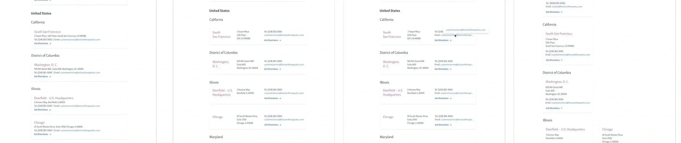 Screenshot of a web page with contact information for Horizon Therapeutics in various U.S. states, including addresses, phone numbers, and email addresses.