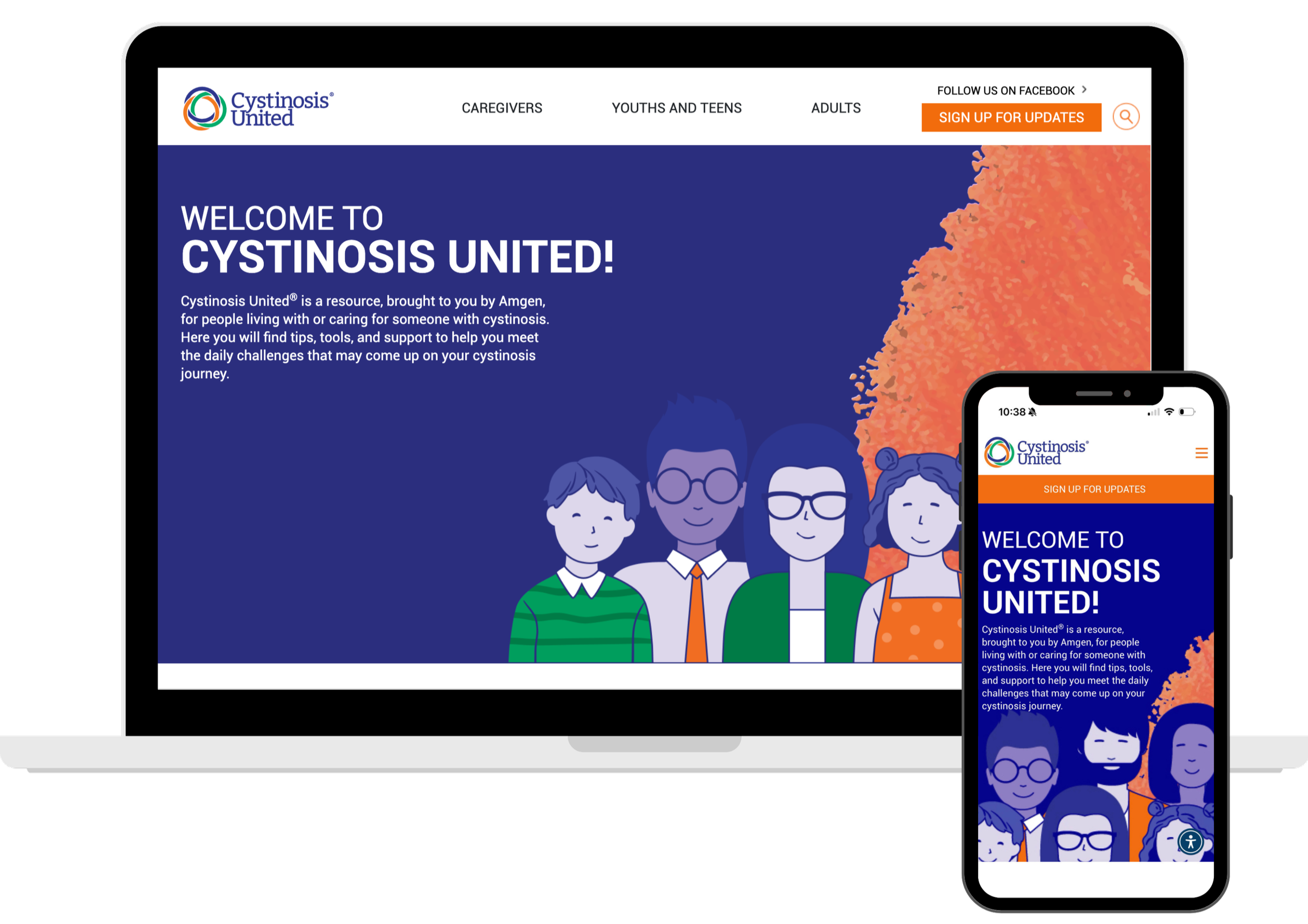 Website and mobile view of Cystinosis United homepage featuring diverse illustrated people and a blue and orange design.