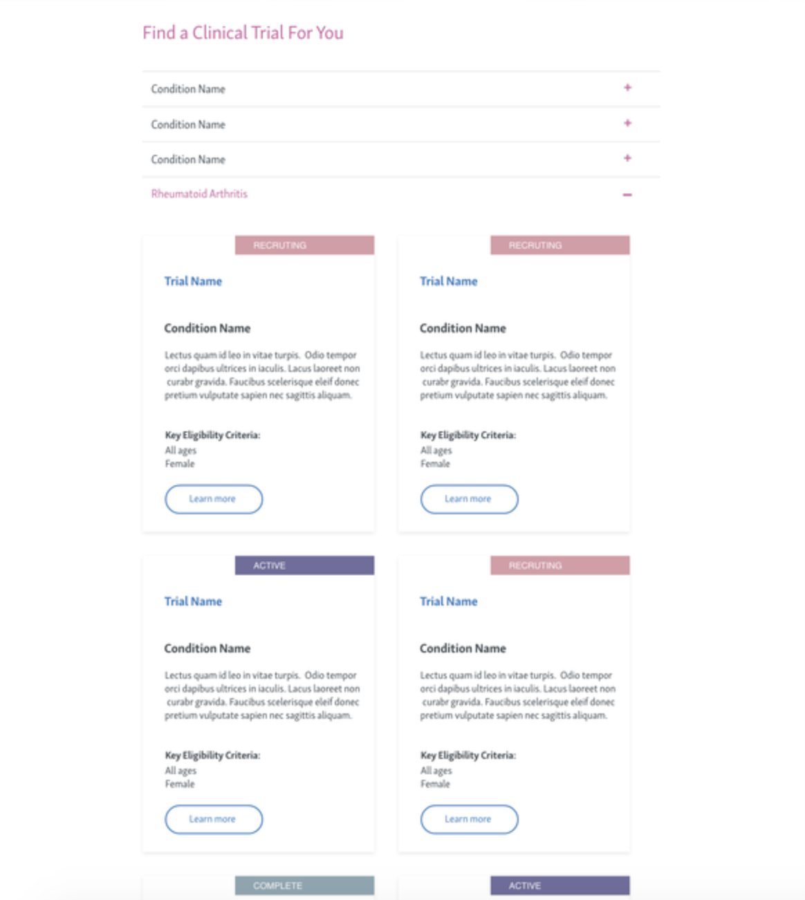 A webpage layout titled 'Find a Clinical Trial For You' featuring multiple sections with trial information. Each section includes trial name, condition details, eligibility criteria, and a 'Learn more' button. Sections are color-coded with labels like 'RECRUITING' and 'ACTIVE'.