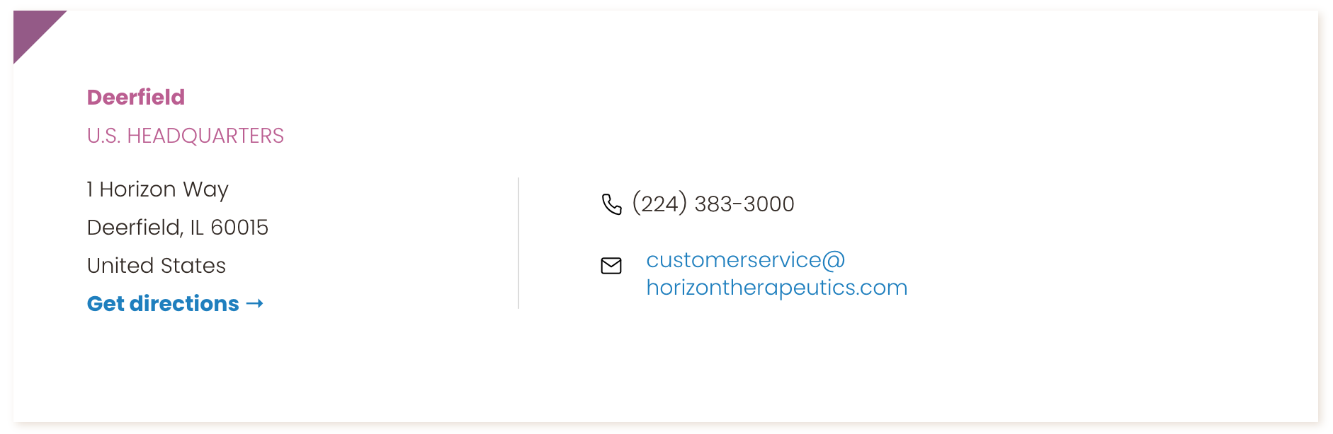 Contact information for Deerfield U.S. headquarters, including address, phone number, and email.