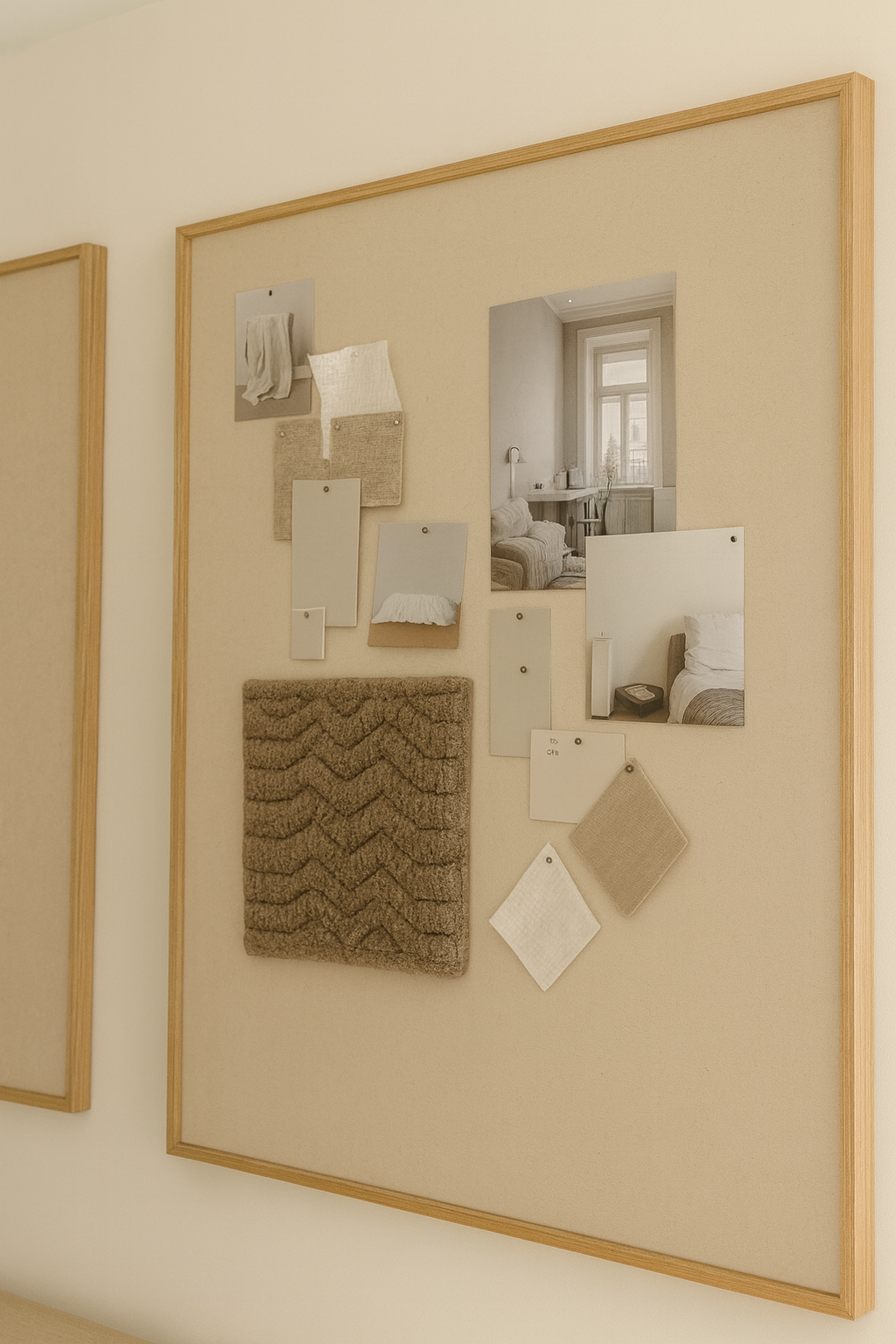 Interior design inspiration board with fabric swatches, color samples, and material selections displayed on a wall in a neutral, modern living space.
