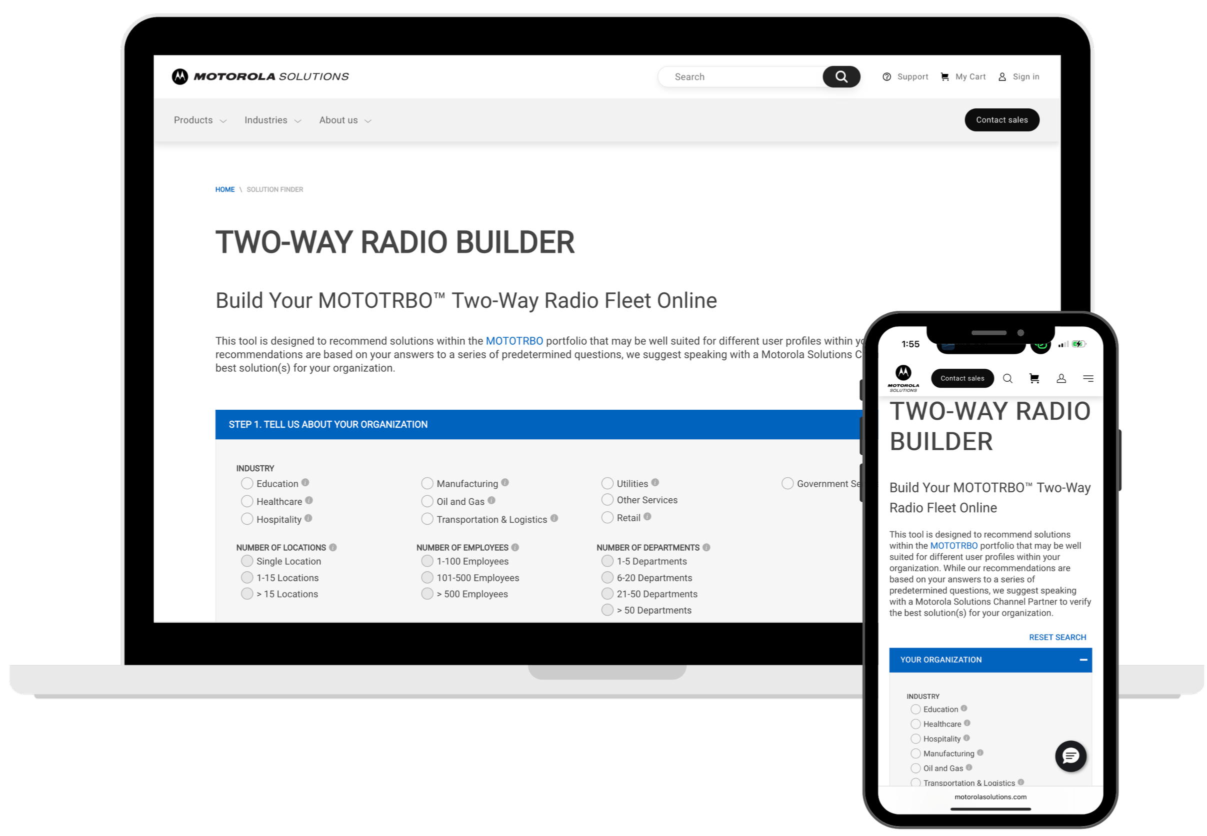 Screenshot of a website on a laptop and a mobile phone displaying a tool called 'Two-Way Radio Builder' by Motorola Solutions, which helps users build a two-way radio fleet online for their organization.