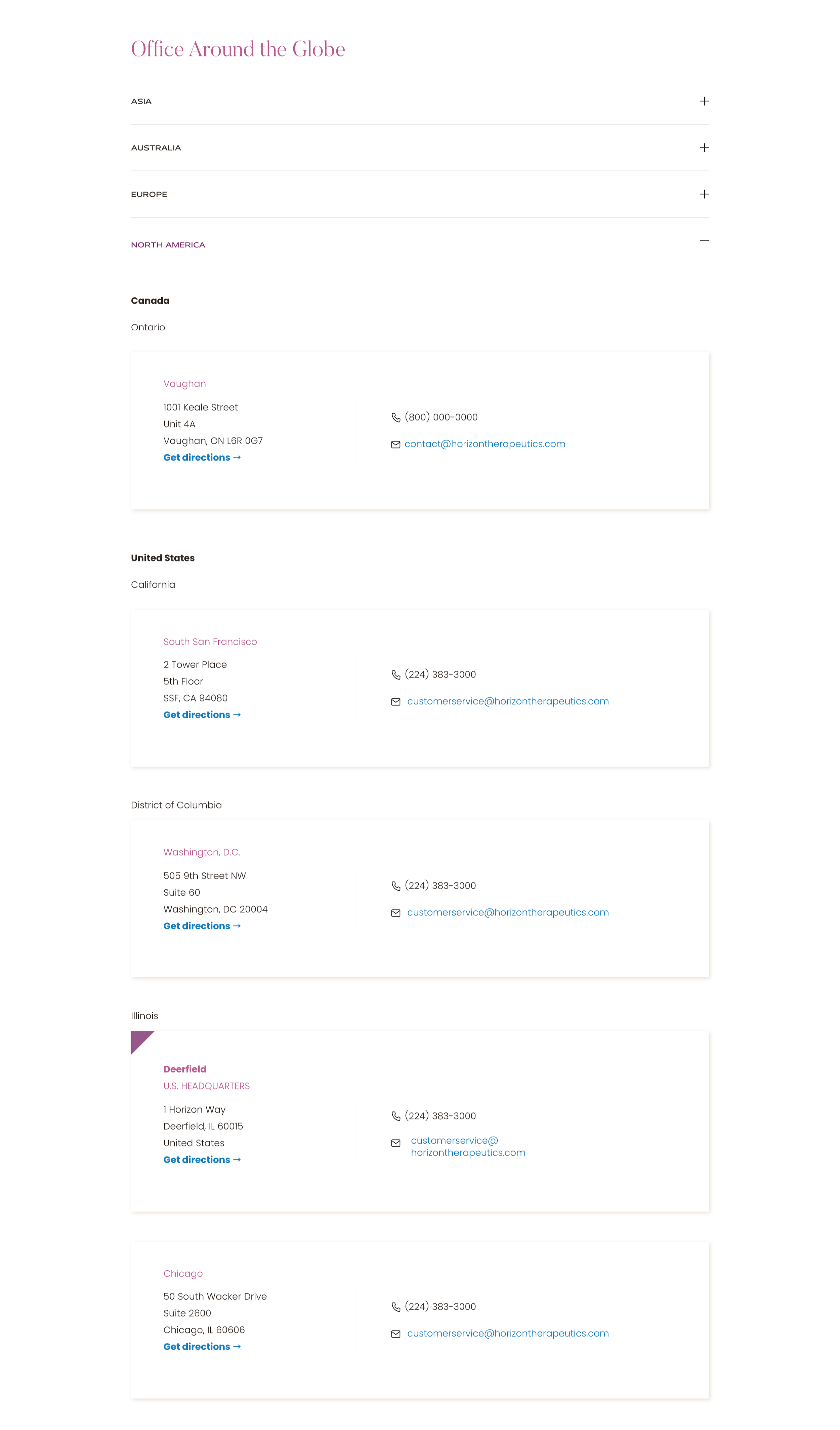 Contact information and office locations for Horizon Therapeutics in North America, including Vaughan, South San Francisco, Washington D.C., Deerfield, and Chicago.