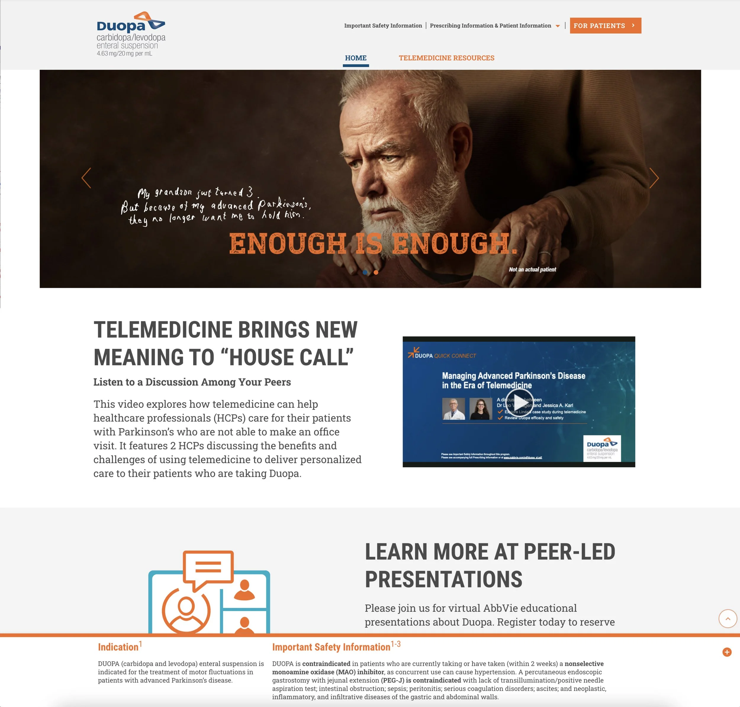Website homepage for Duopa, a medication for Parkinson's disease, featuring a man with a concerned expression, navigation links, and information about telemedicine and patient education.