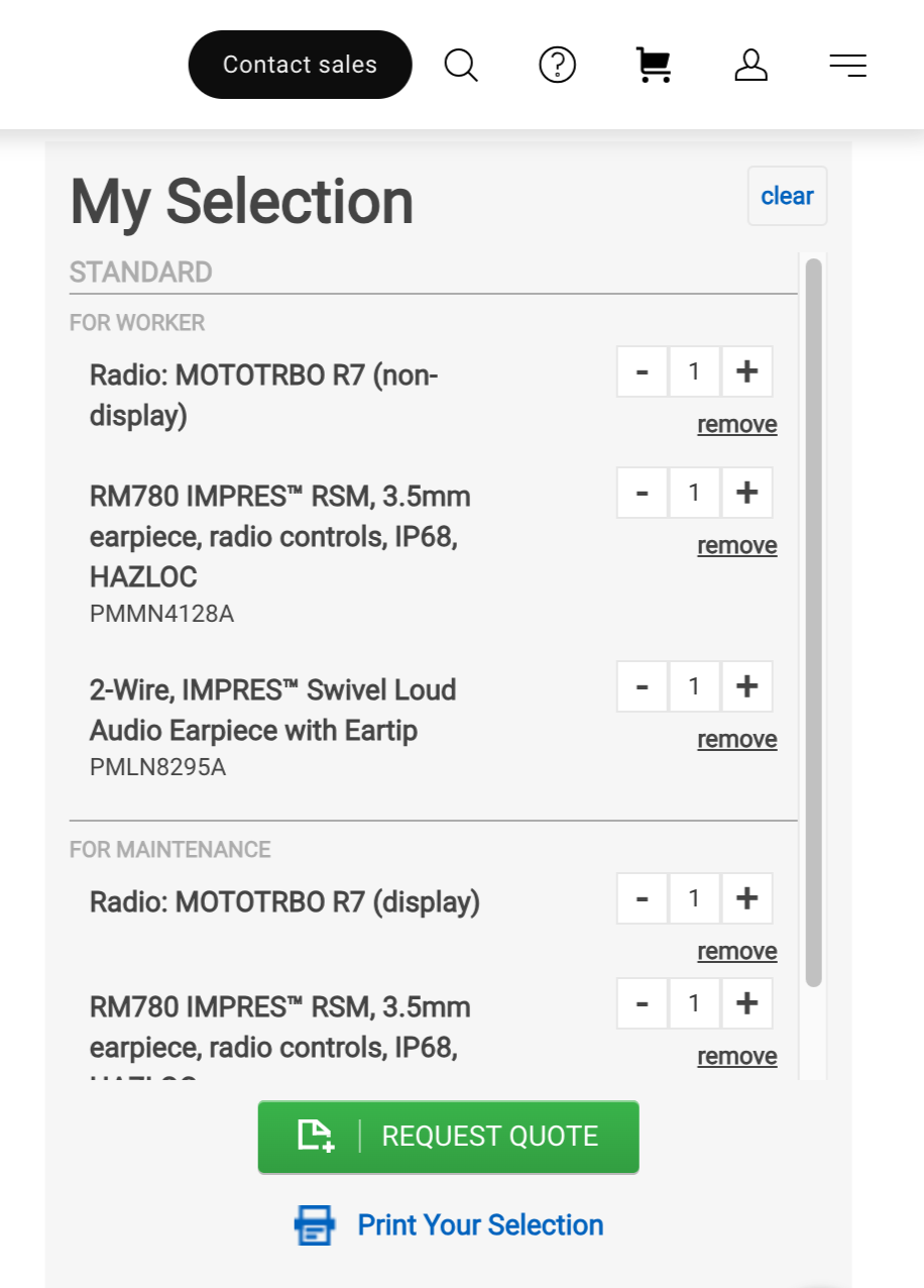 Screenshot of a webpage showing a shopping cart or order summary titled "My Selection" with various radio communication products listed, including radios, earpieces, and radio controls, with options to adjust quantities, remove items, and buttons to request a quote or print the selection.