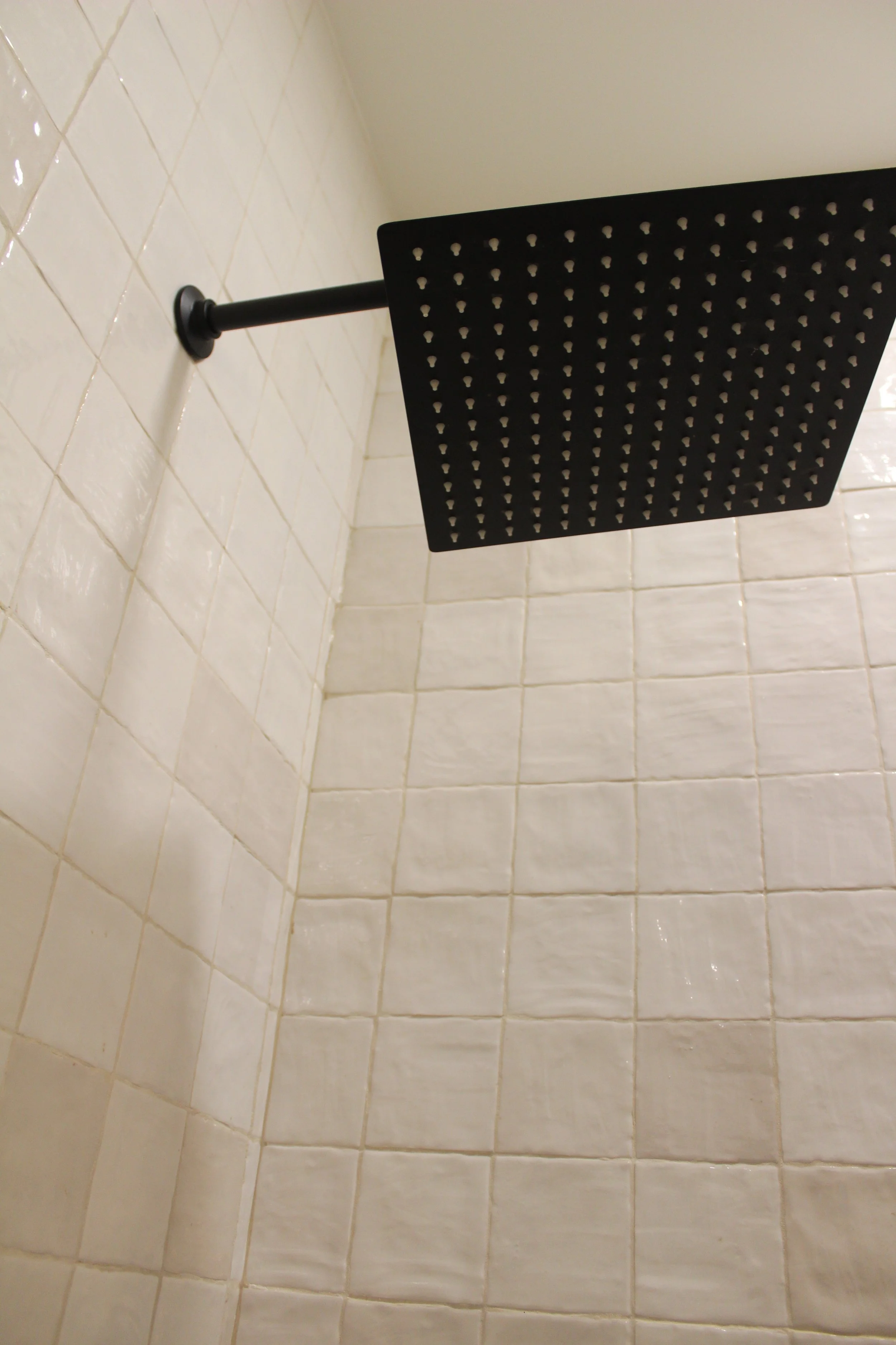 Shower head and tiled wall in a bathroom shower.