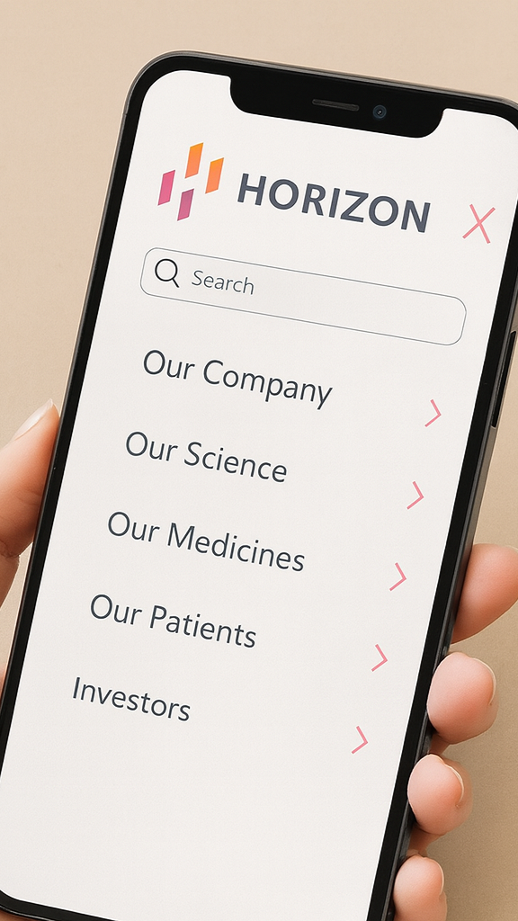 Smartphone screen displaying a company website menu with options: Our Company, Our Science, Our Medicines, Our Patients, Investors, and a search bar at the top. The website has a colorful logo and the name 'HORIZON' at the top.