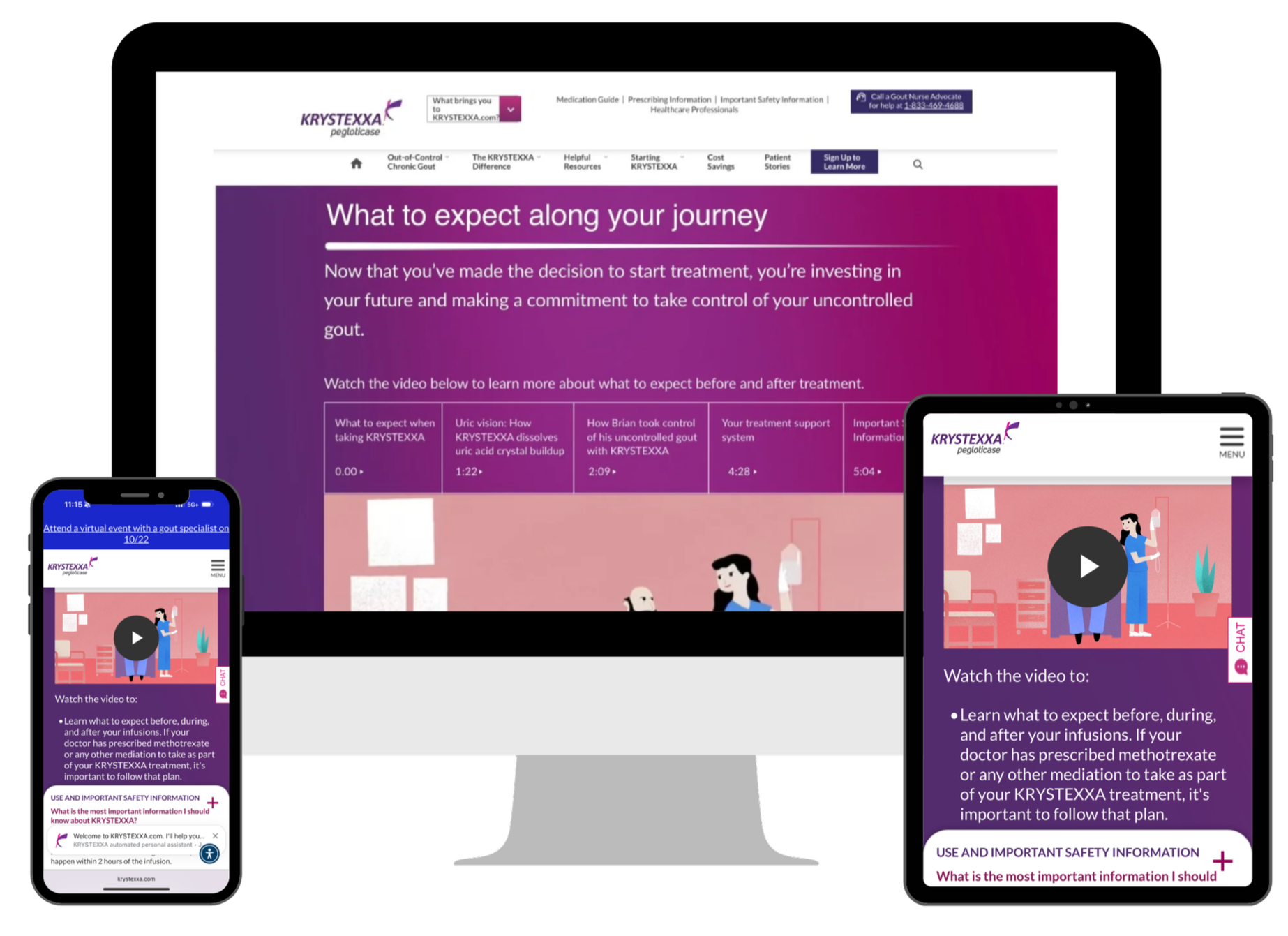 Responsive website and mobile screens showing information about gout treatment with videos and chat option for patients.