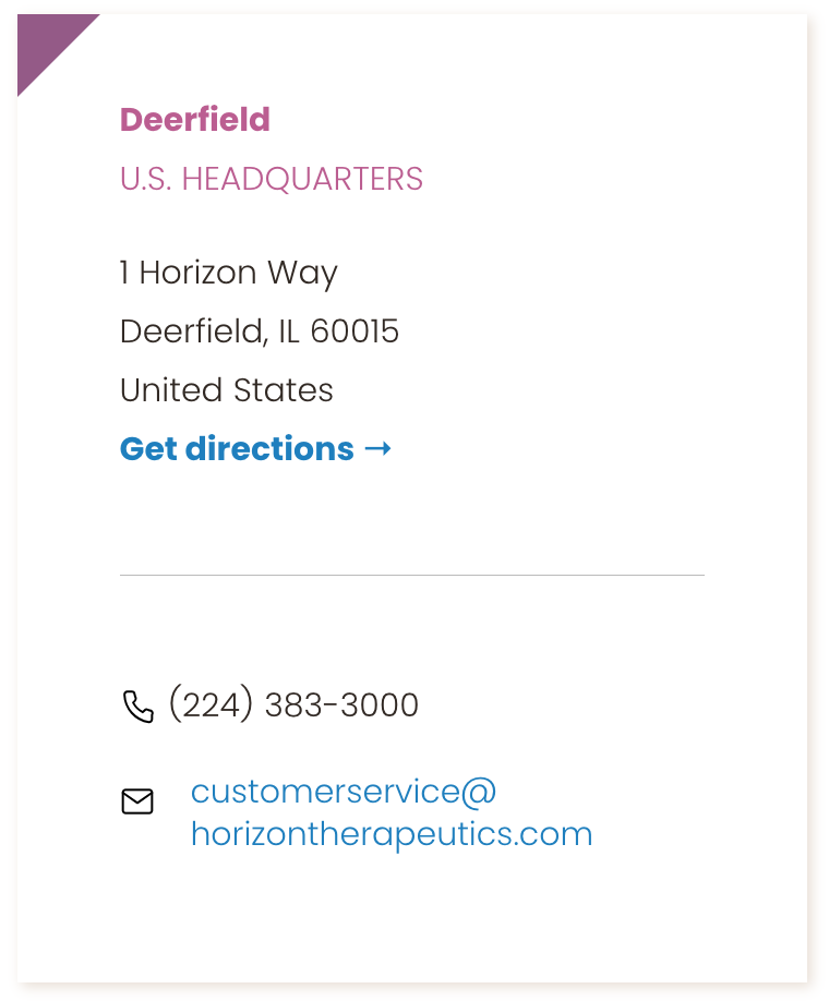 Contact card for Deerfield U.S. Headquarters with address, phone number, and email