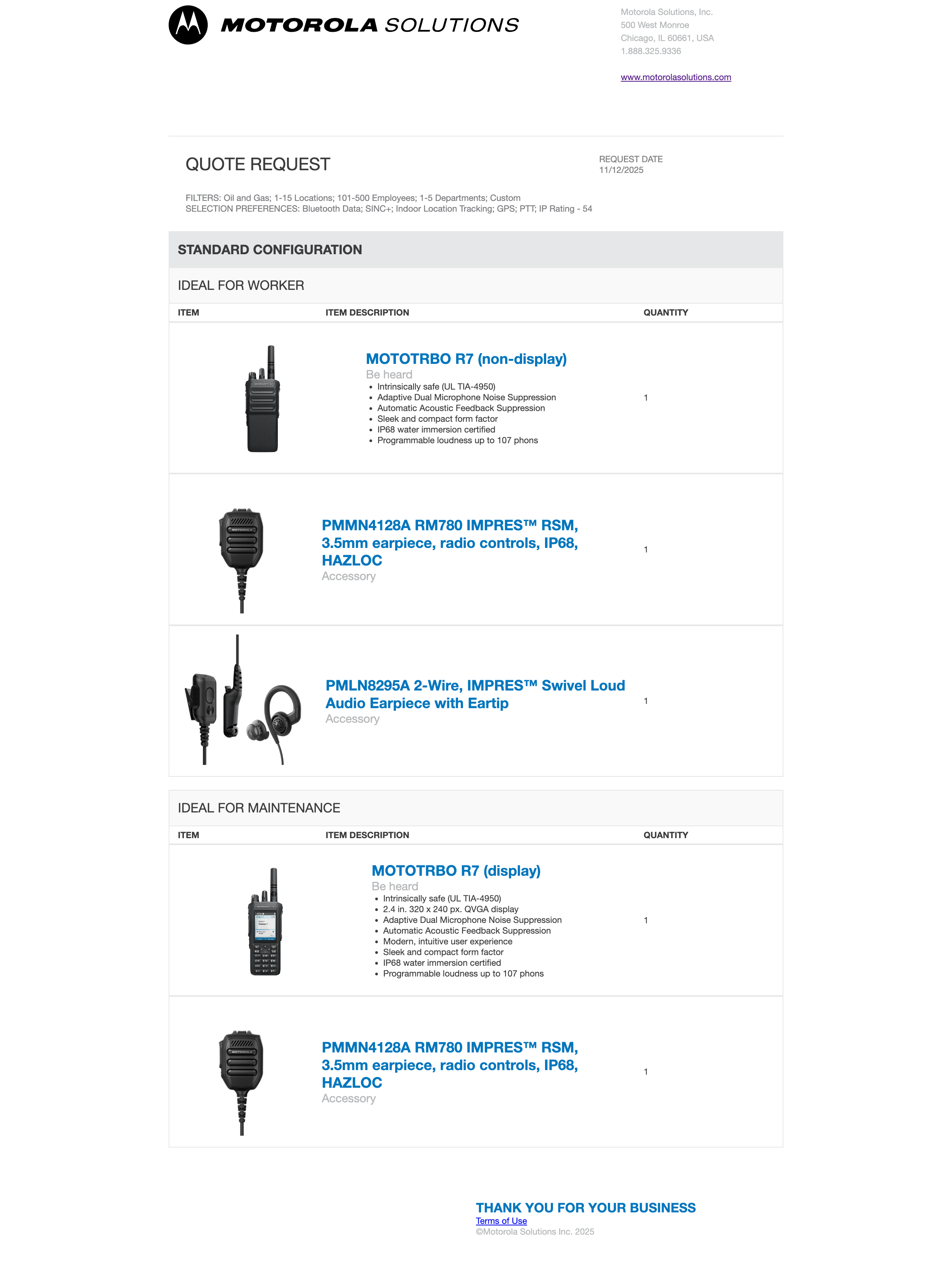 A quotation request form from Motorola Solutions, Inc., detailing standard and maintenance configurations for two-way radios, including images and descriptions of various radio models and accessories.